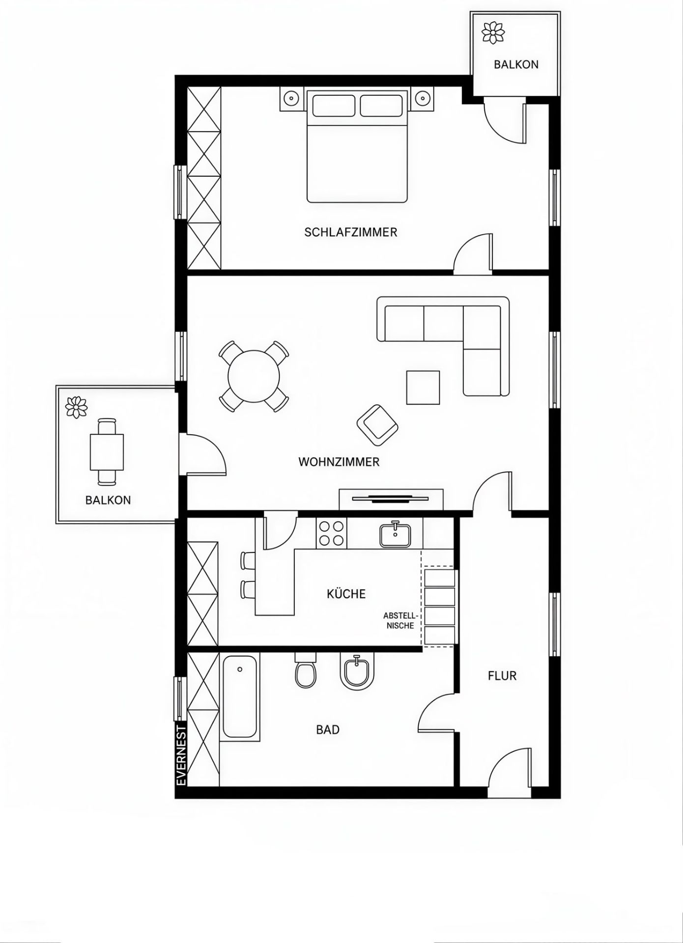Grundriss einer Wohnung mit Schlafzimmer, Wohnzimmer, Küche, Bad, Flur und zwei Balkonen.
