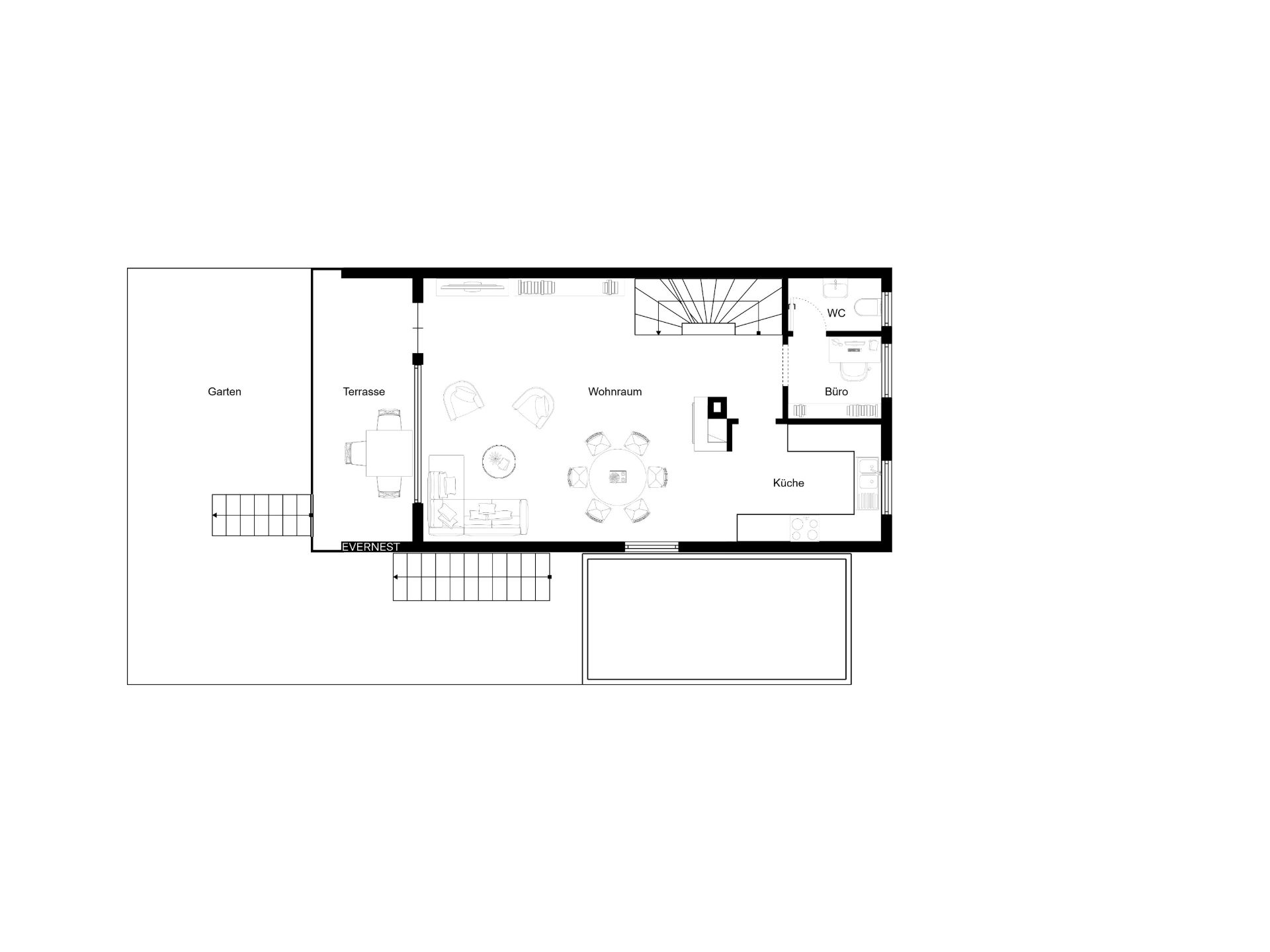 Grundriss eines Wohnbereichs mit Küche, Wohnraum, WC, Büro, Terrasse und Garten.