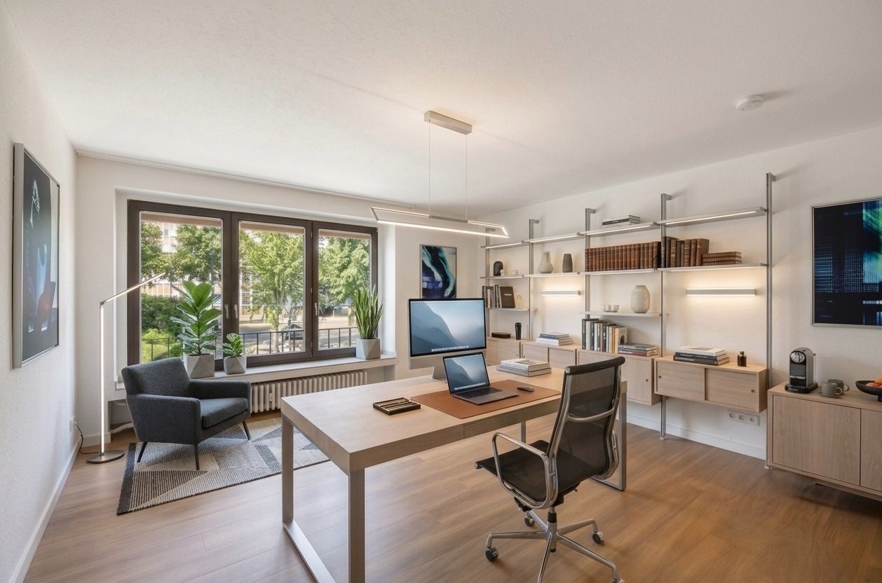 Modernes Arbeitszimmer mit Schreibtisch, Regalwand, Stuhl und großem Fenster mit Blick ins Grüne.