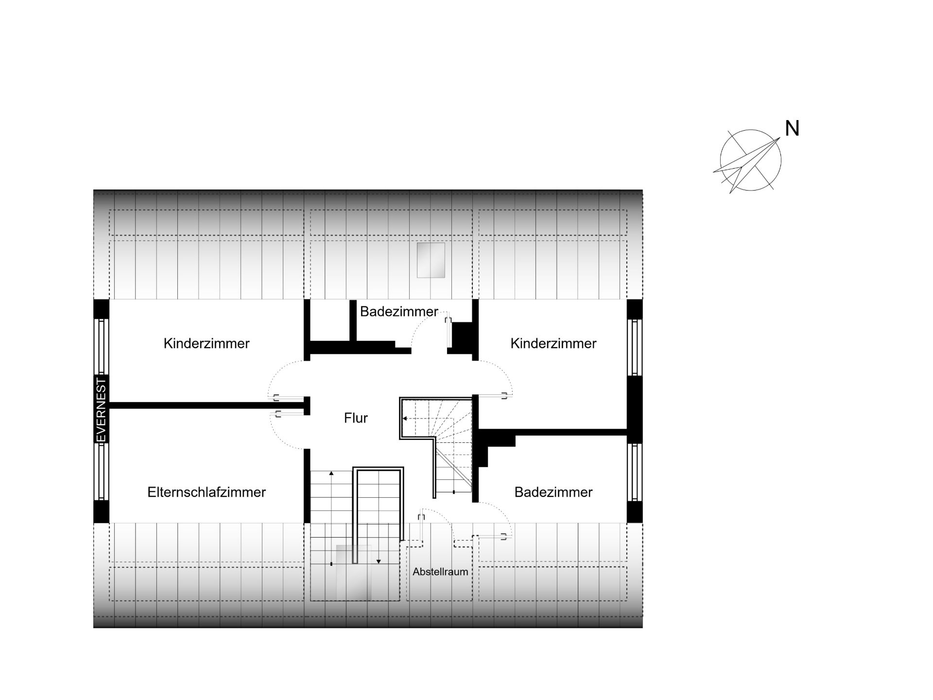 Grundriss mit Elternschlafzimmer, zwei Kinderzimmern, zwei Bädern, Flur und Abstellraum.