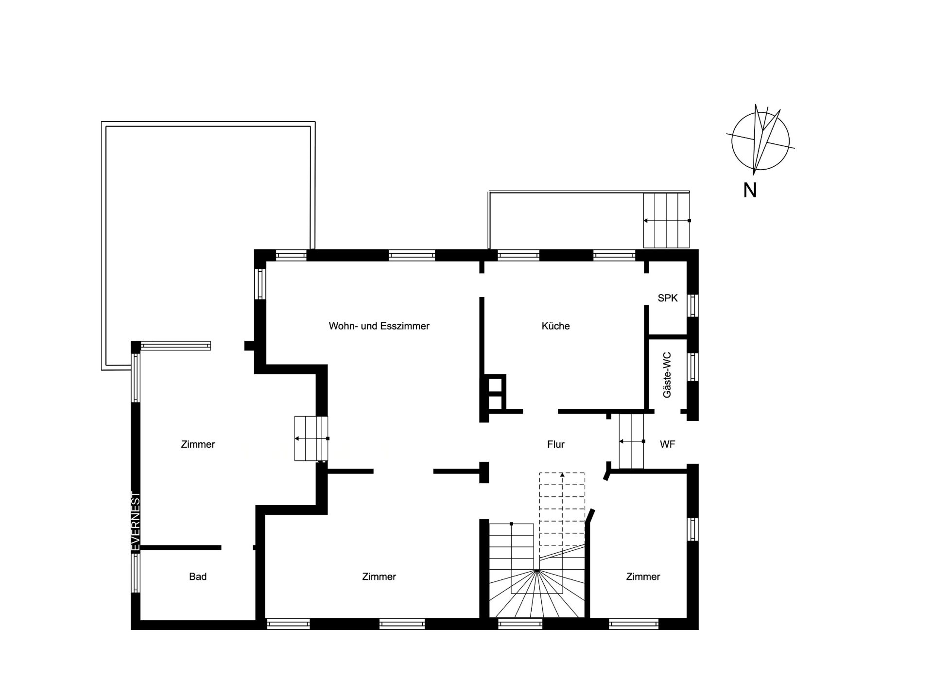 Grundriss eines Hauses mit mehreren Zimmern, Küche, Bad, Wohn- und Esszimmer.