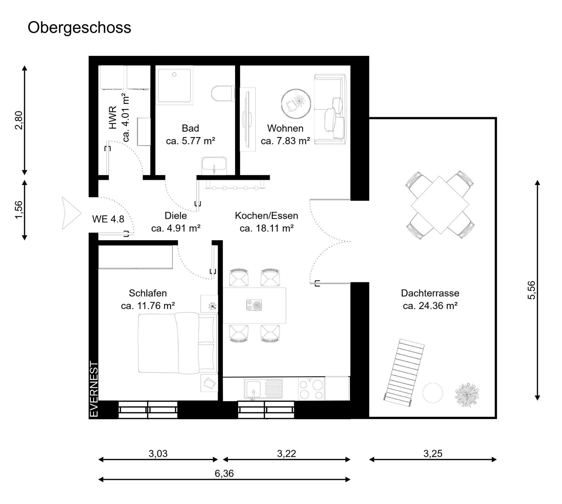 Grundriss einer Wohnung mit Schlafzimmer, Bad, Wohnzimmer, Küche, Diele und Dachterrasse.
