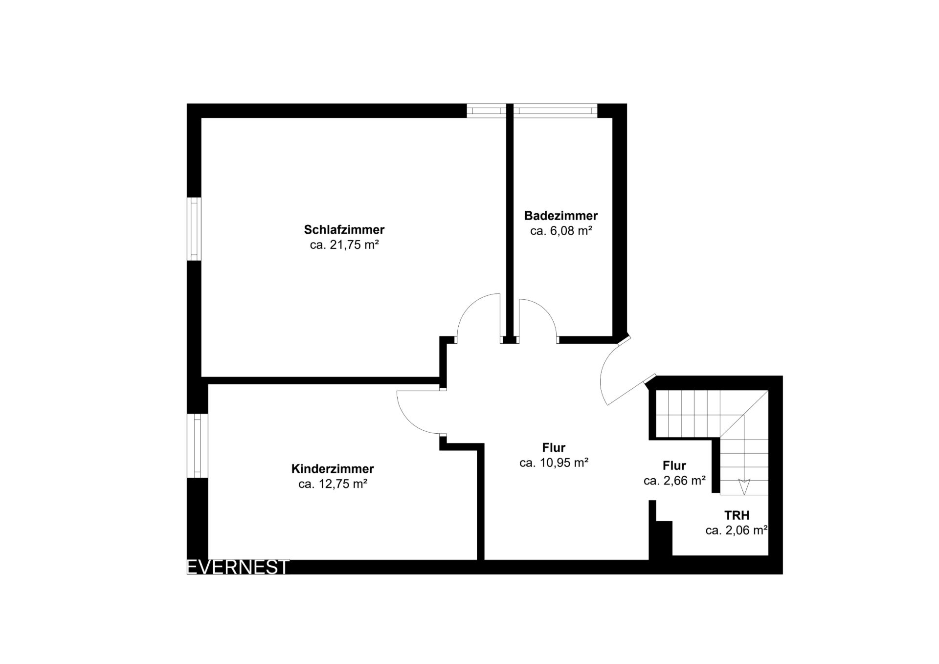 Grundriss mit Schlafzimmer, Kinderzimmer, Badezimmer, zwei Fluren und Treppenhaus.
