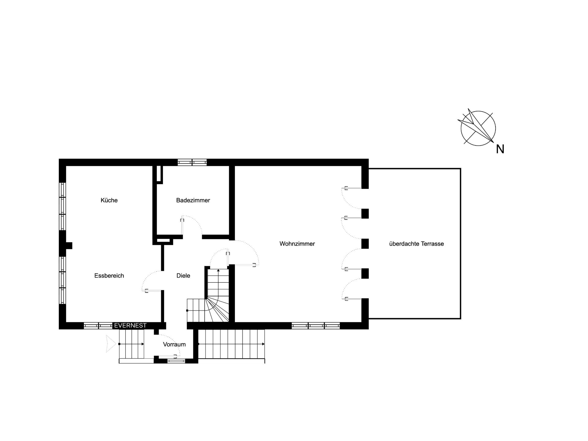 Grundriss eines Wohnhauses mit Küche, Essbereich, Wohnzimmer, Bad und überdachter Terrasse.