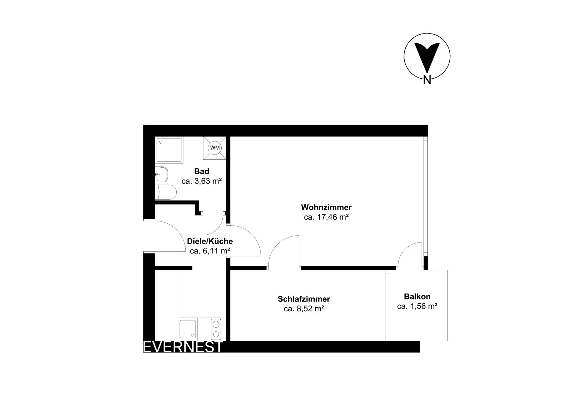 Grundriss einer Wohnung mit Wohnzimmer, Schlafzimmer, Bad, Küche und Balkon.