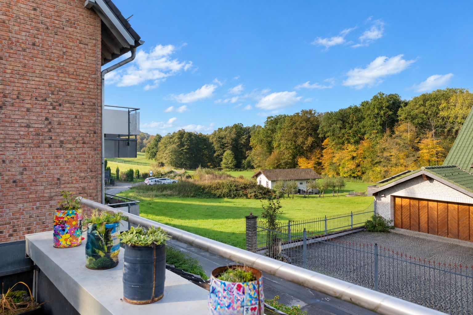 Blick von einem Balkon mit Pflanzen auf eine grüne Wiese, Bäume und ein Haus im Hintergrund.