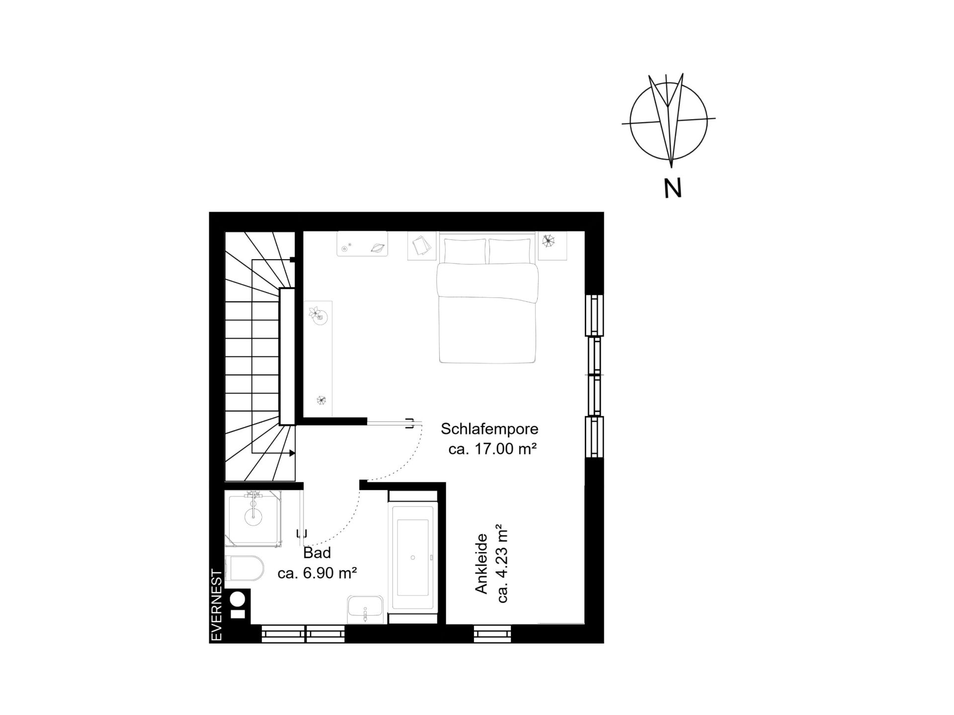 Grundriss mit Schlafzimmer, Bad und Ankleide auf einer Etage, Treppe links, Fenster rechts.