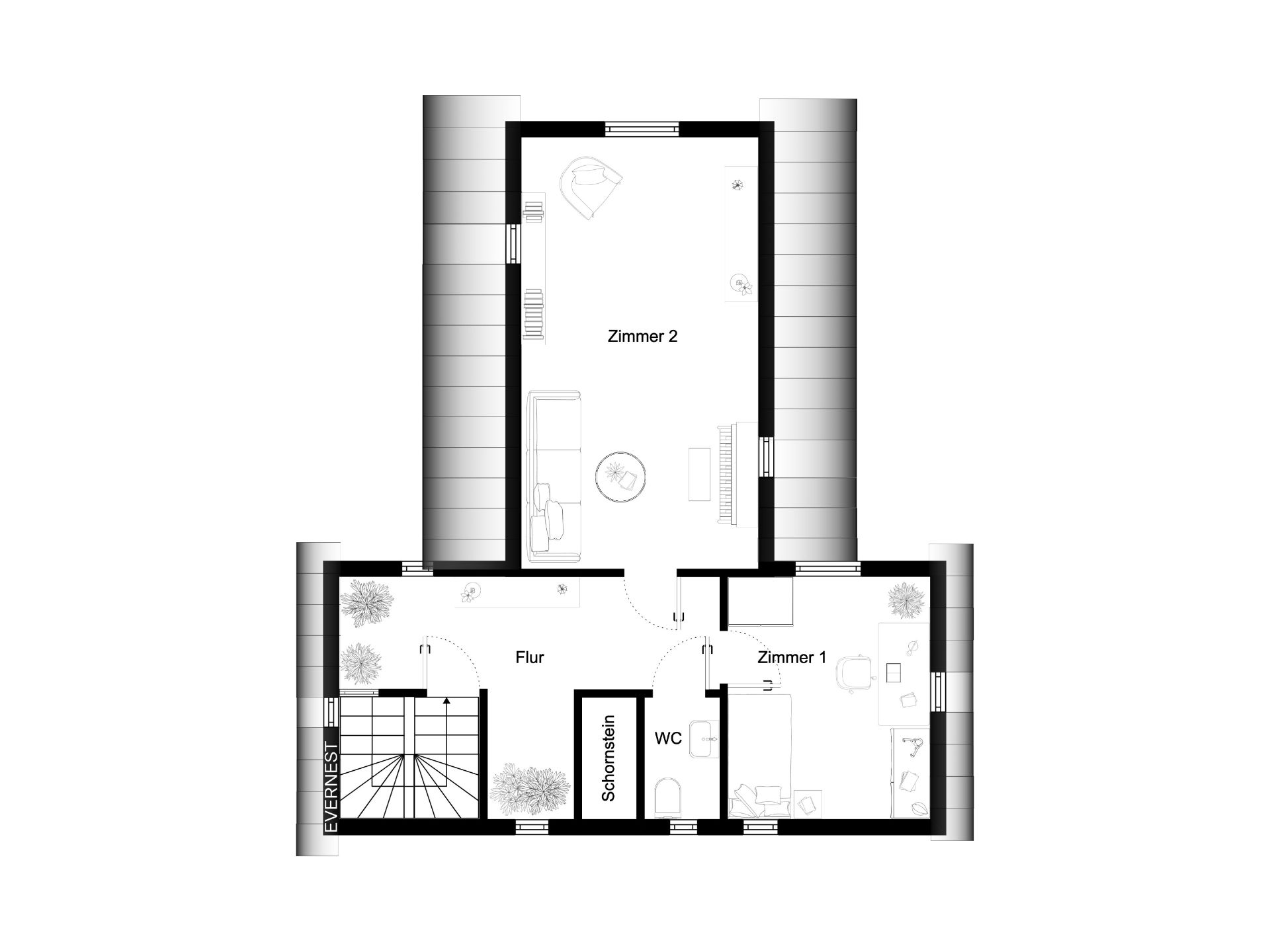 Grundriss mit zwei Zimmern, Flur, WC und Treppenhaus.