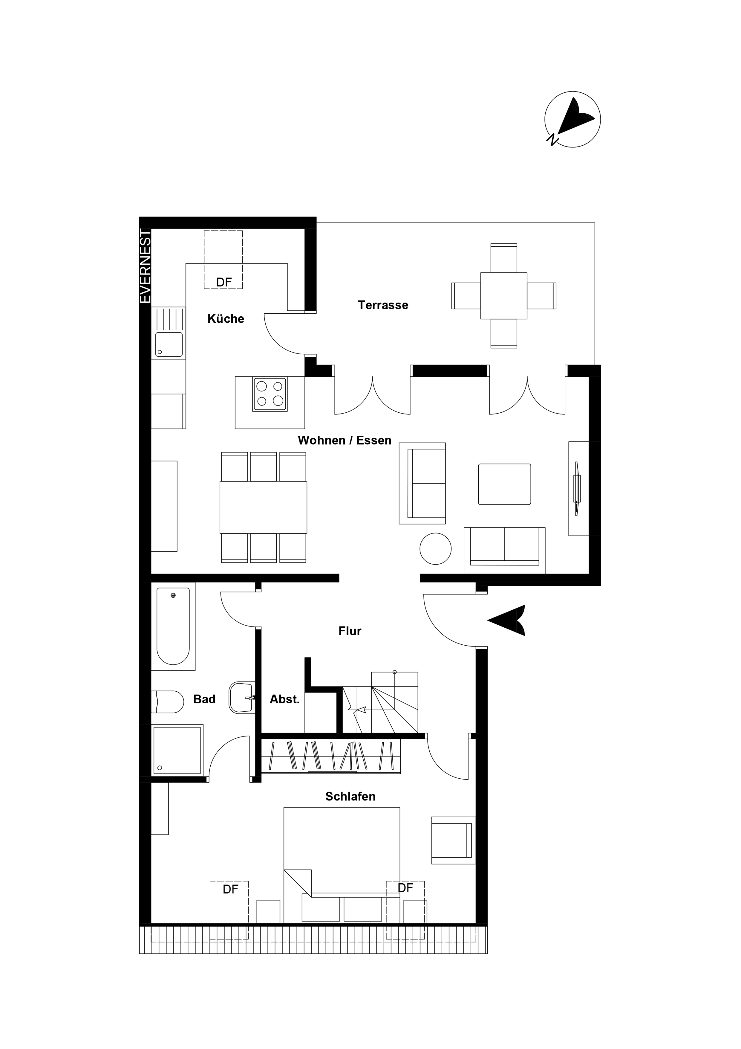 Grundriss einer Wohnung mit Terrasse, Küche, Wohnbereich, Bad und Schlafzimmer.