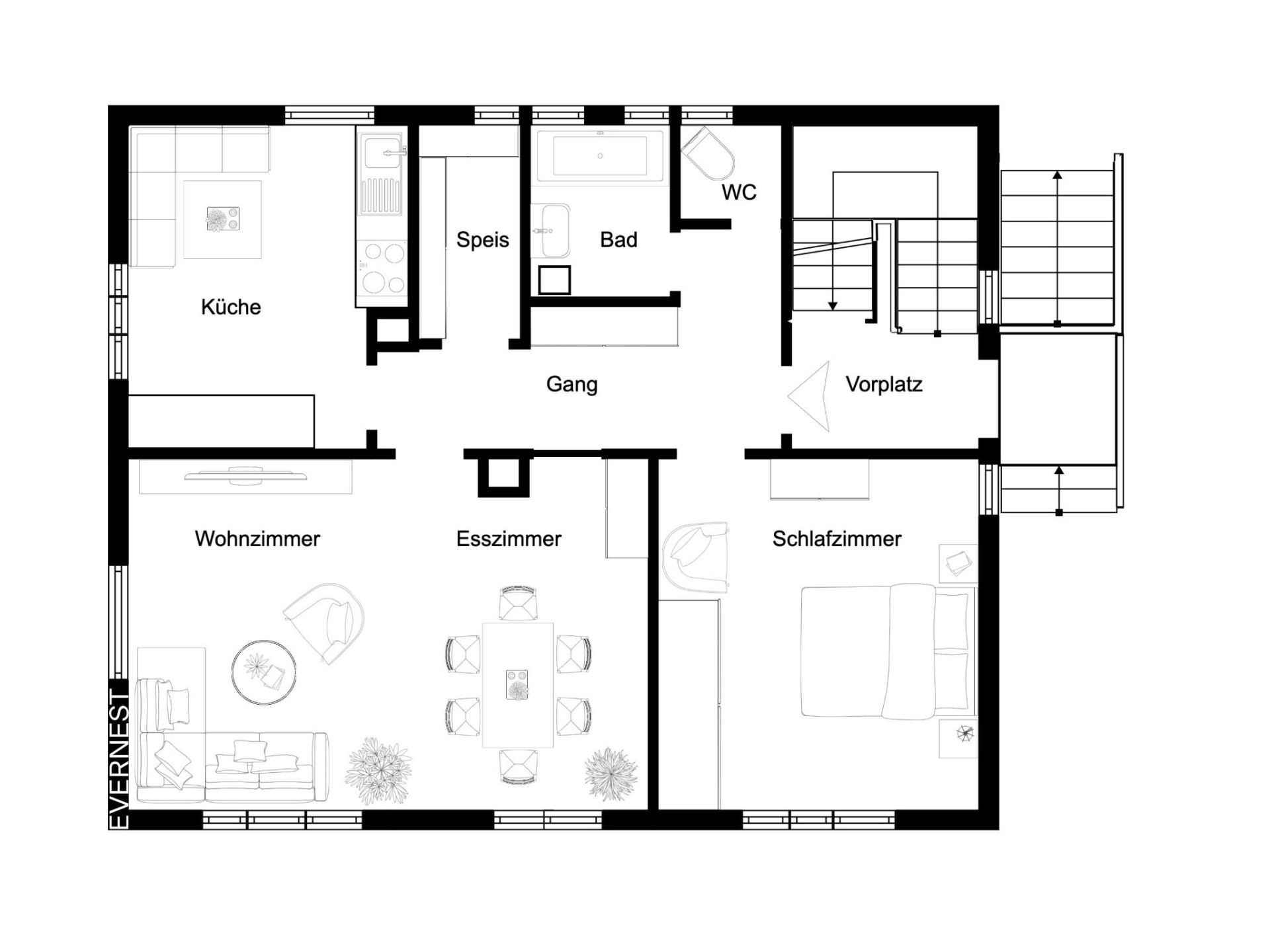 Grundriss einer Wohnung mit Wohnzimmer, Esszimmer, Küche, Schlafzimmer, Bad und WC.