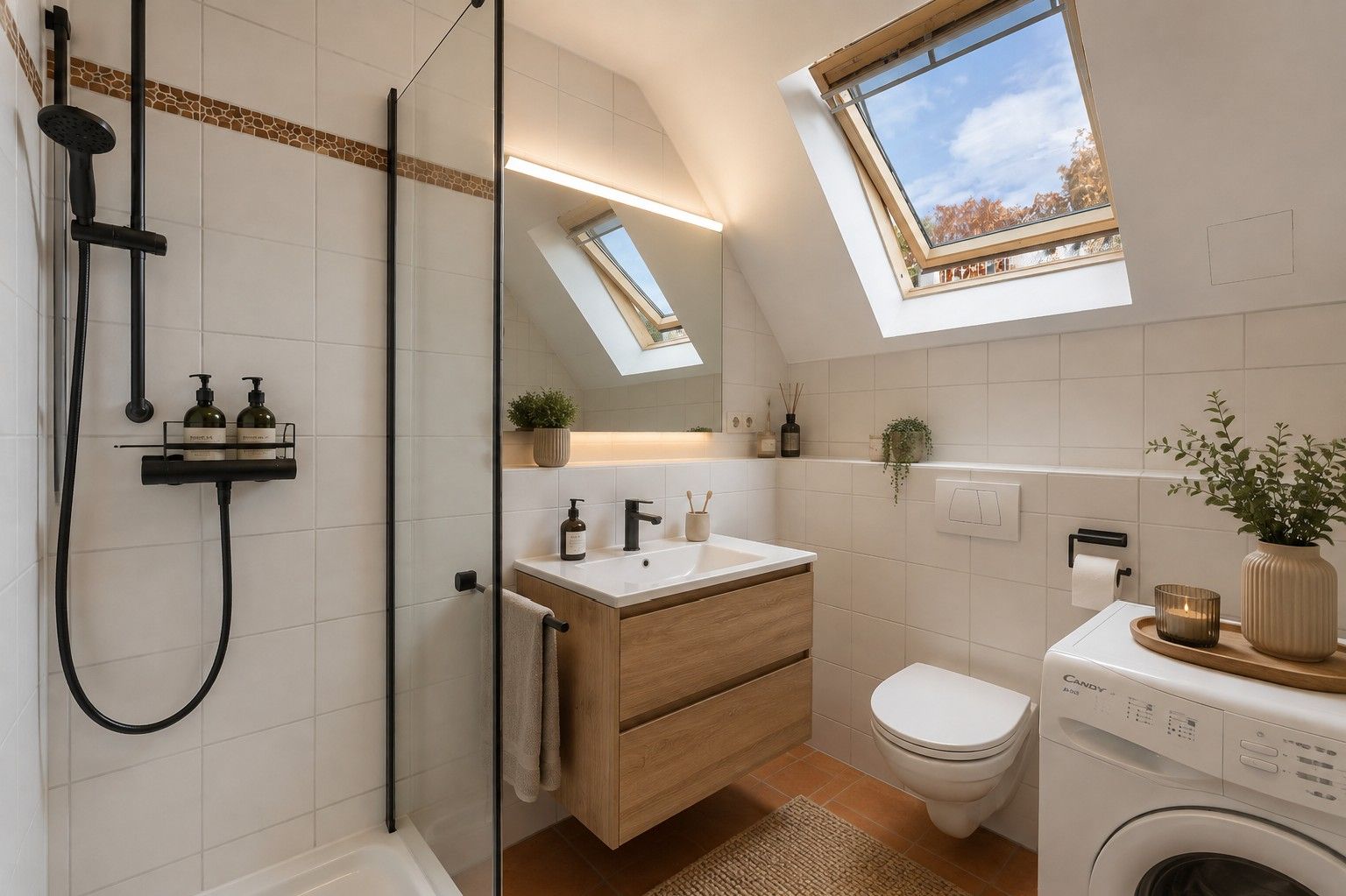 Modernes Bad mit Dachfenster, Dusche, Waschbecken, Toilette und Waschmaschine.