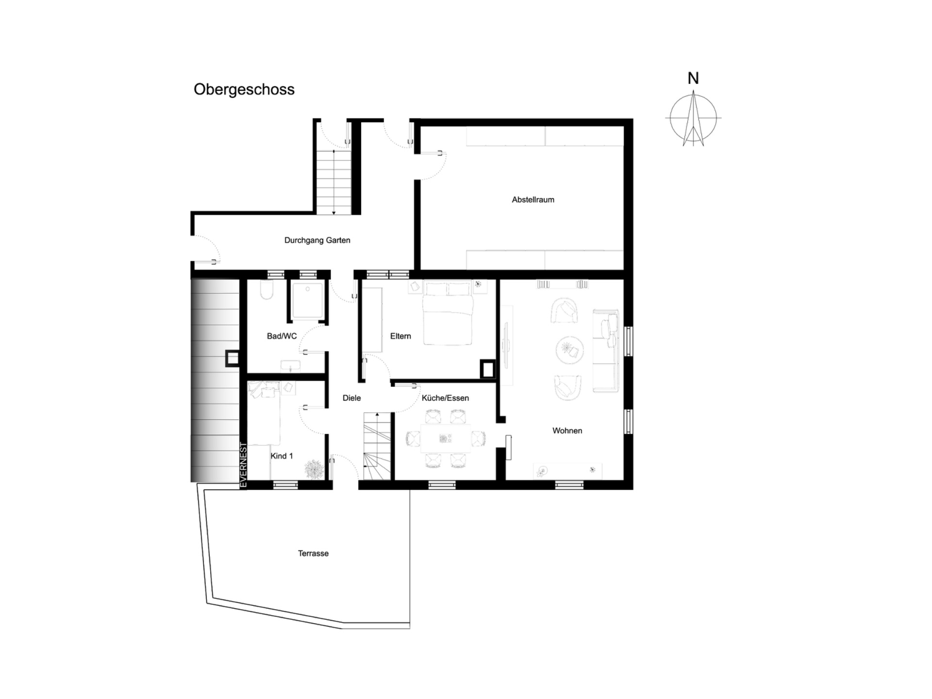 Grundriss eines Obergeschosses mit Wohnzimmer, Küche, Bad, Eltern- und Kindzimmer sowie Terrasse.