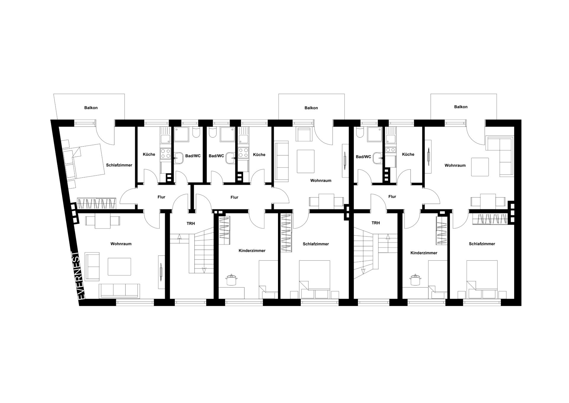 Grundriss eines Wohnhauses mit mehreren Wohnungen, jeweils mit Balkon, Wohnzimmer, Schlafzimmer und Küche.
