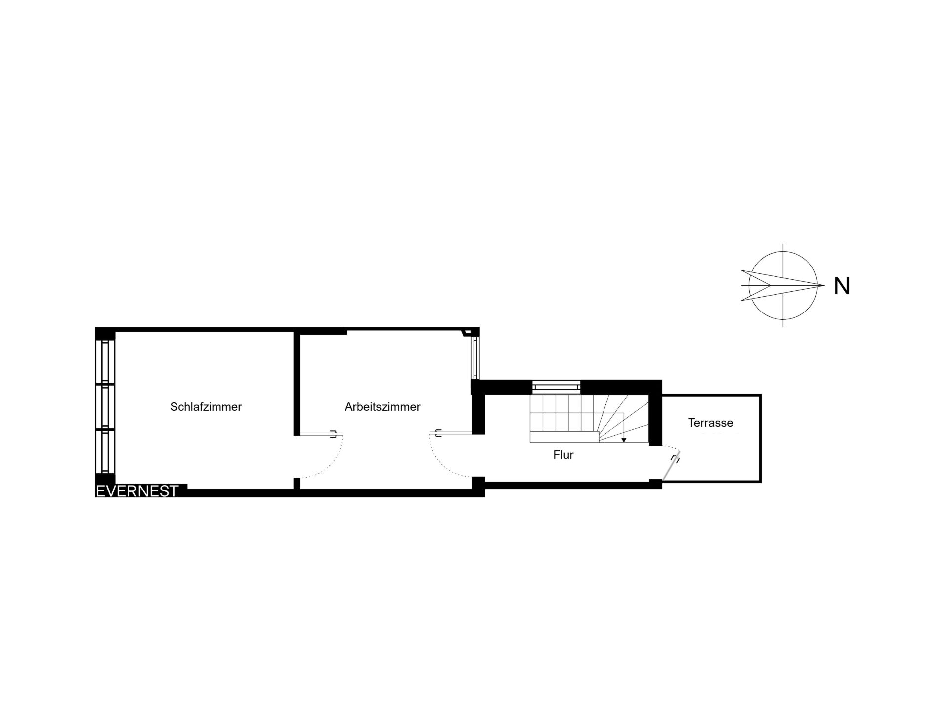 Grundriss mit Schlafzimmer, Arbeitszimmer, Flur, Treppe und Terrasse.