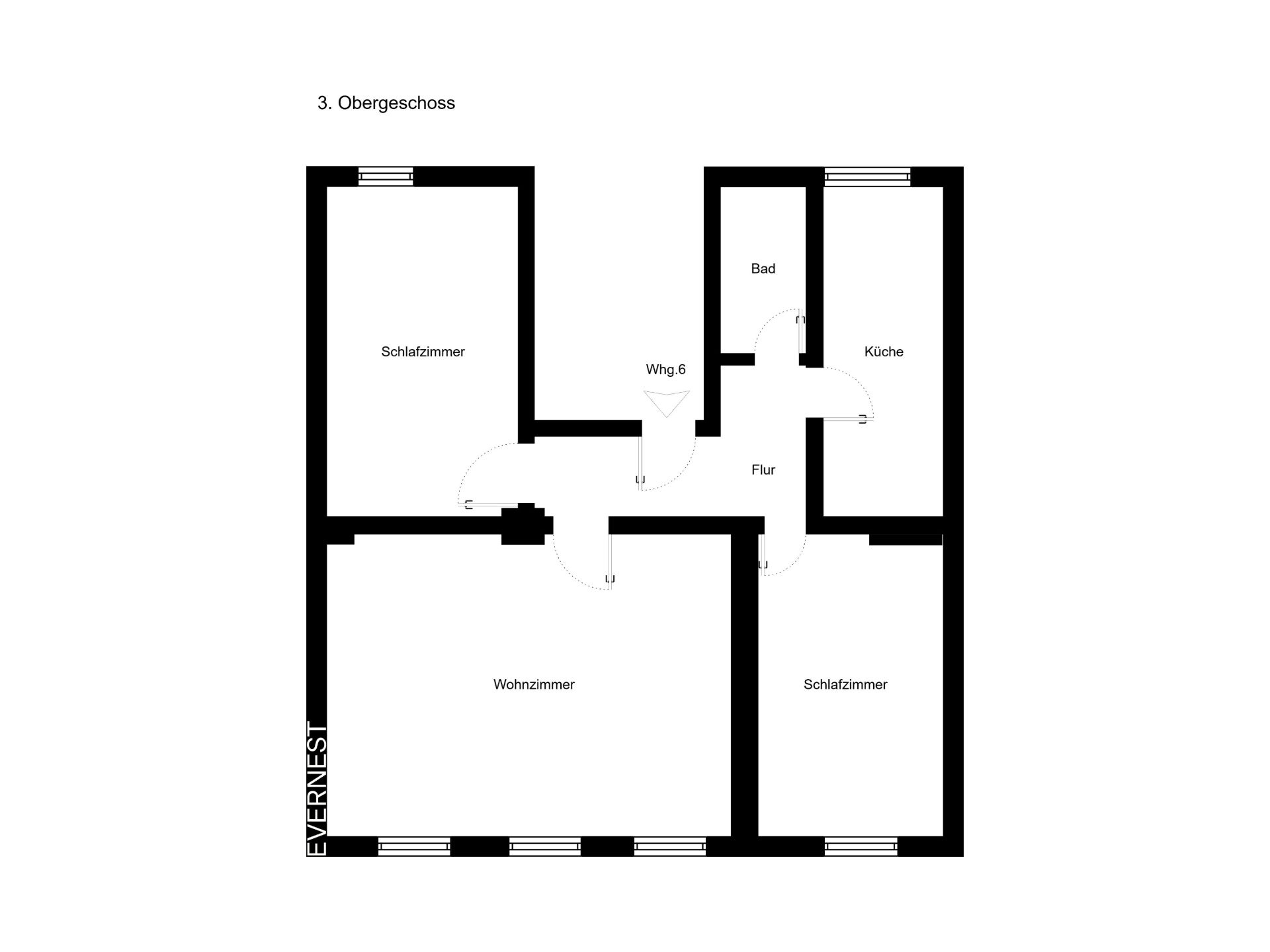 Grundriss einer Wohnung mit Wohnzimmer, zwei Schlafzimmern, Küche, Bad und Flur.