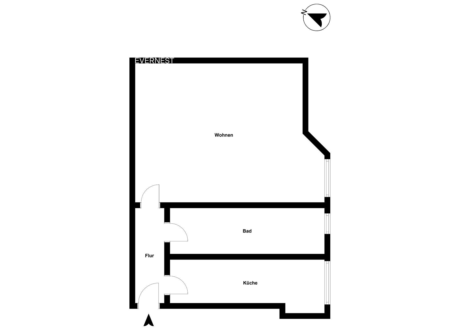 Grundriss mit Wohnzimmer, Bad, Küche und Flur, alle Räume sind beschriftet.