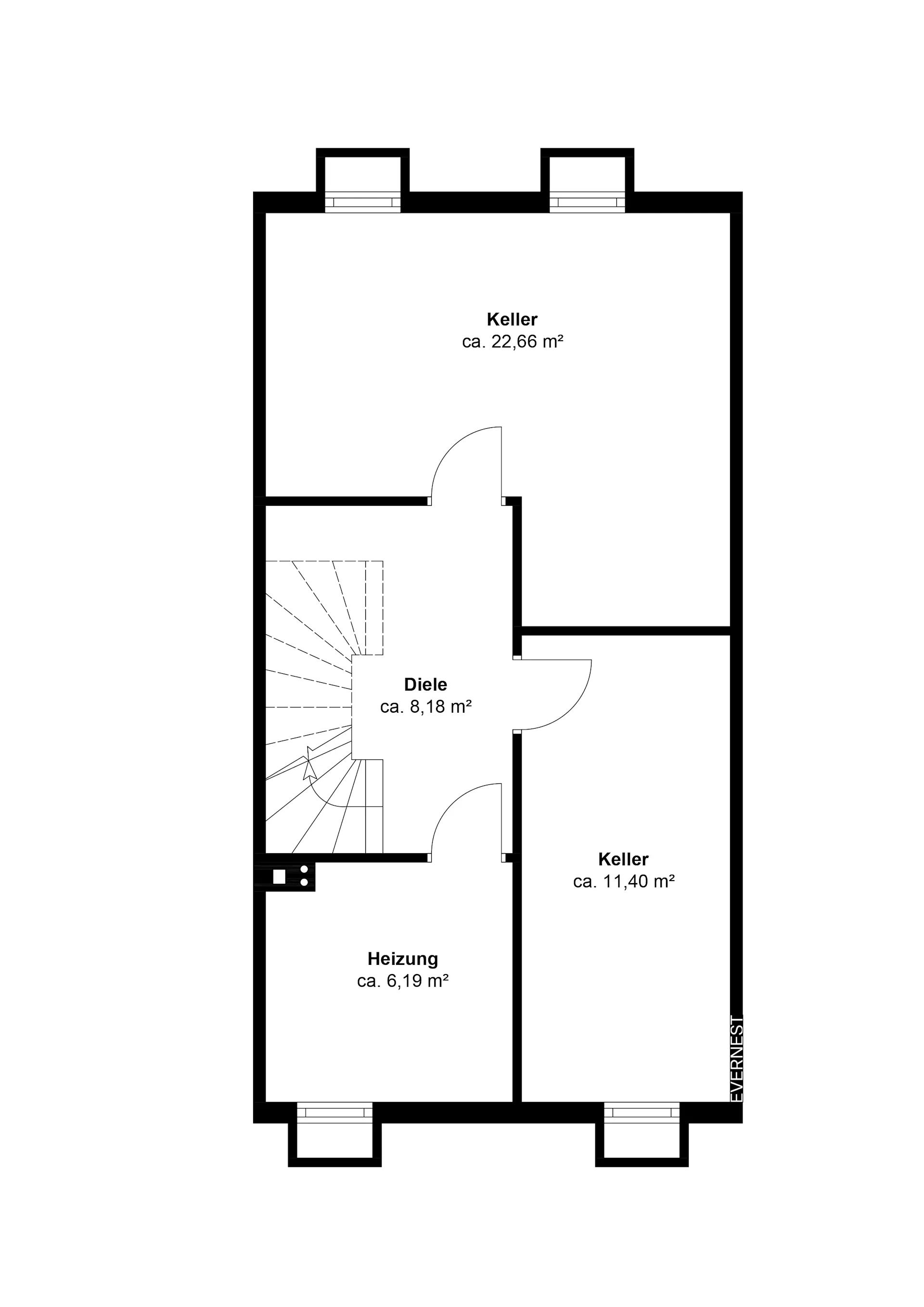 Grundriss eines Kellers mit drei Räumen: zwei Kellerräume, Heizung und Diele mit Treppe.