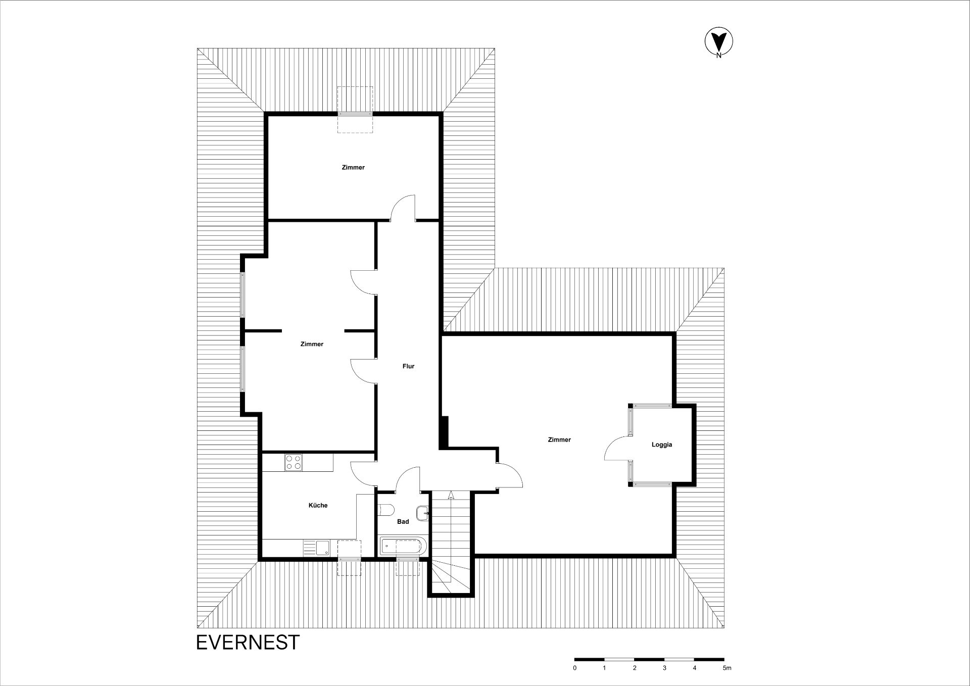 Grundriss einer Wohnung mit drei Zimmern, Küche, Bad, Flur und Loggia.