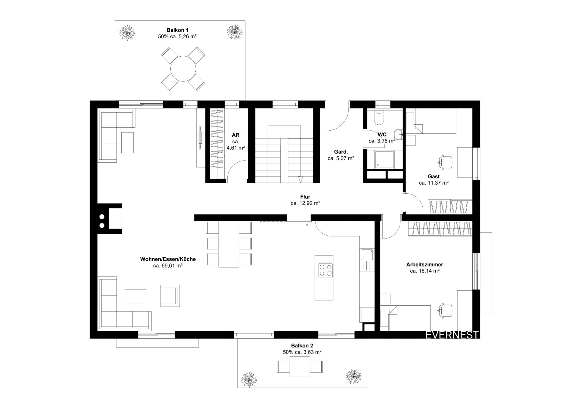 Grundriss einer Wohnung mit Wohnbereich, Küche, WC, Gästezimmer, Arbeitszimmer und zwei Balkonen.