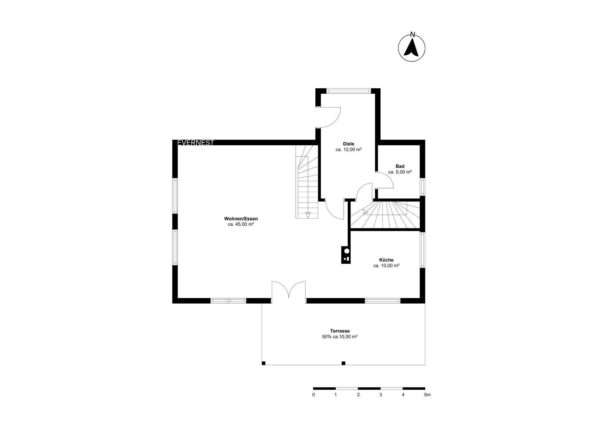 Grundriss mit Wohnzimmer, Küche, Bad, Diele und Terrasse, Räume sind beschriftet.