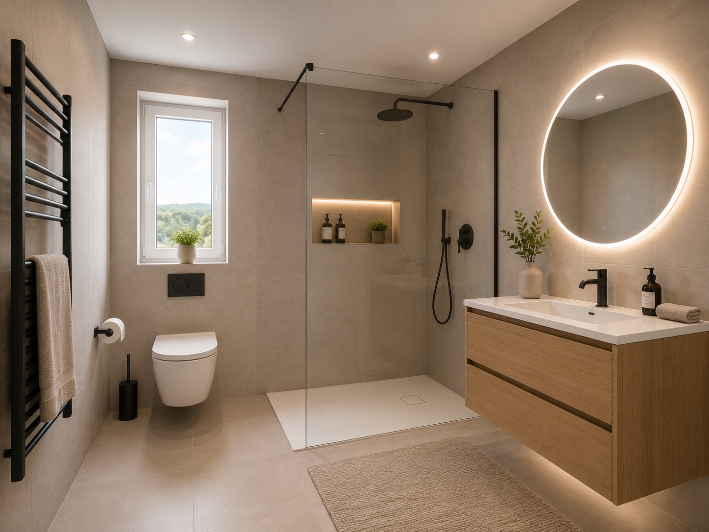 Modernes Bad mit begehbarer Dusche, rundem Spiegel, Waschbecken und Fenster.