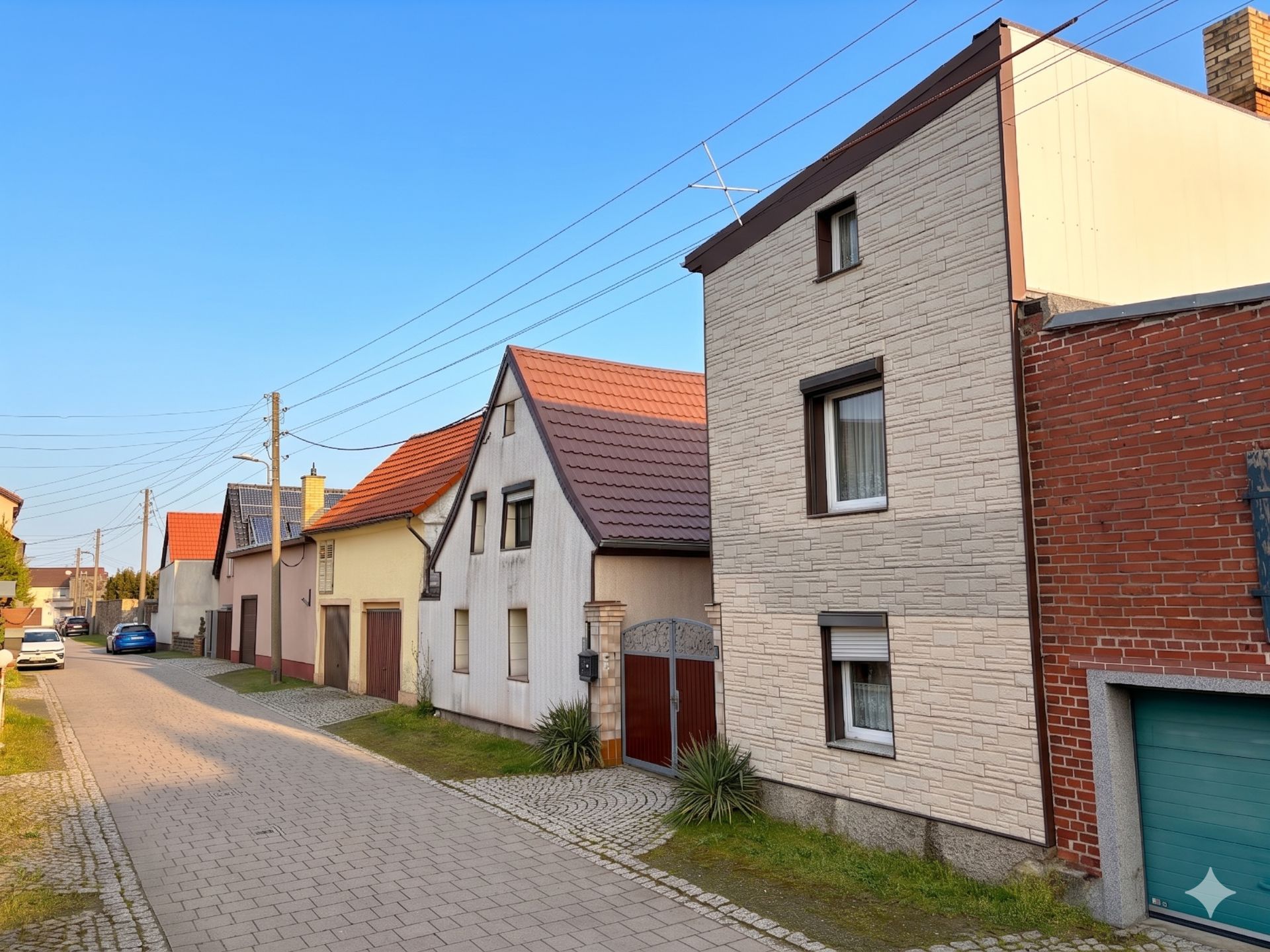Reihe von Wohnhäusern an einer gepflasterten Straße bei blauem Himmel.