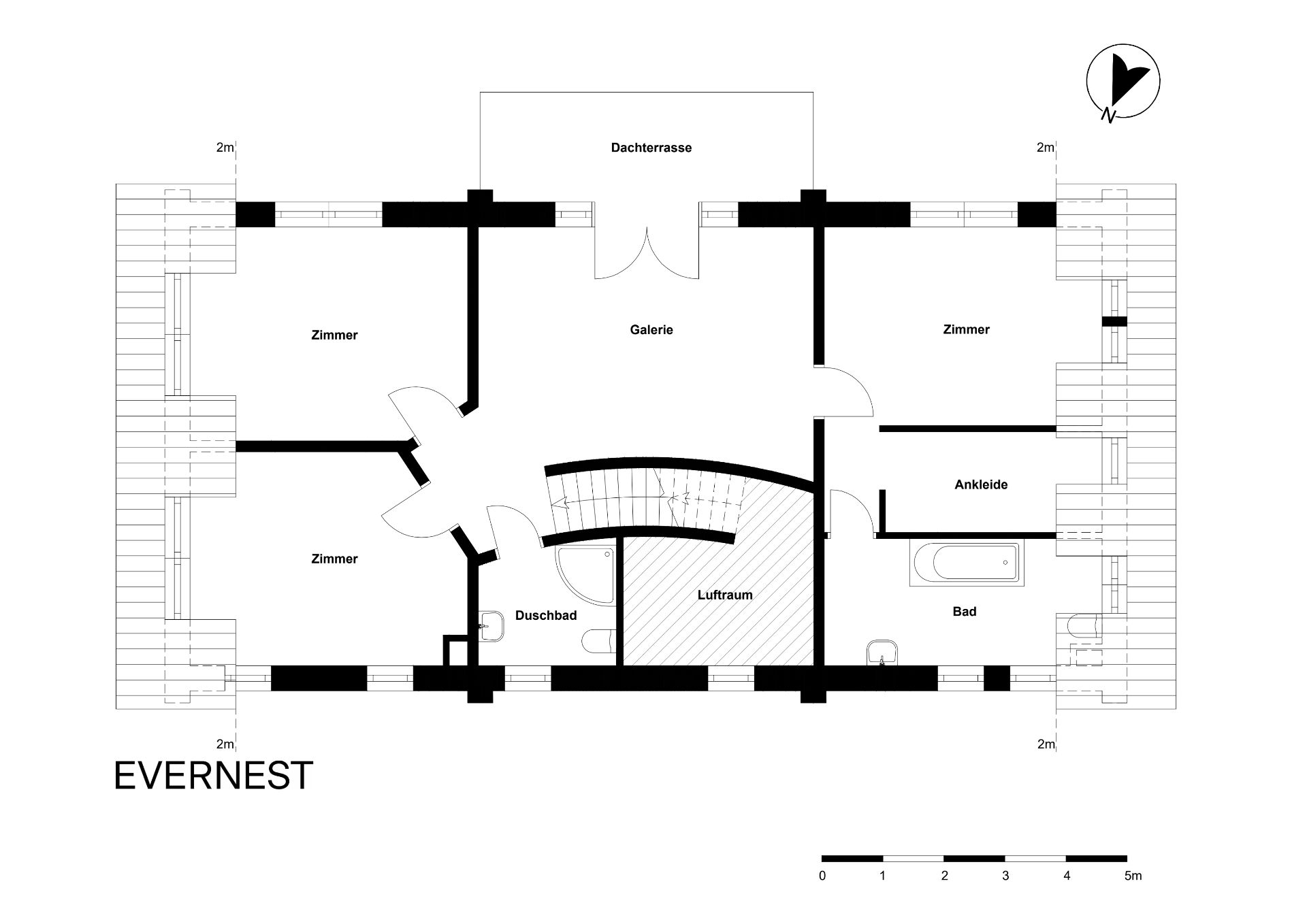Grundriss einer Wohnung mit drei Zimmern, Galerie, Dachterrasse, Bad und Duschbad.