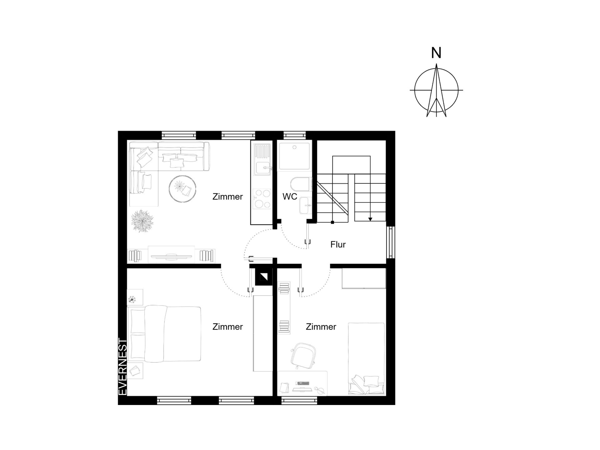 Grundriss mit drei Zimmern, WC und Flur. Treppe führt nach oben.
