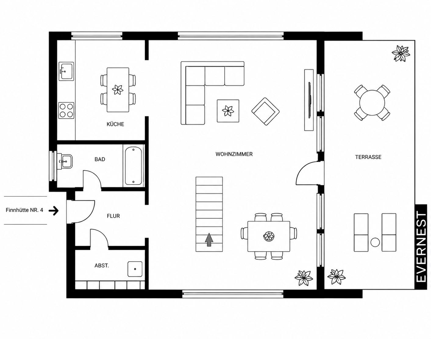 Grundriss mit Küche, Wohnzimmer, Bad, Abstellraum, Flur und Terrasse.