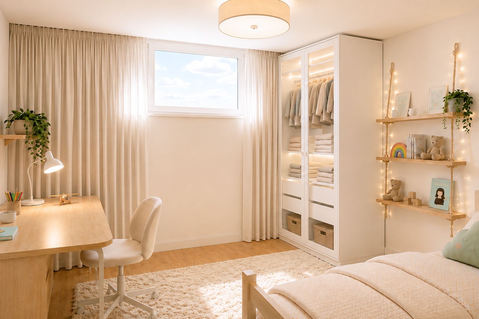 Helles Schlafzimmer mit Schreibtisch, Regal, Kleiderschrank und Fenster mit Vorhängen.