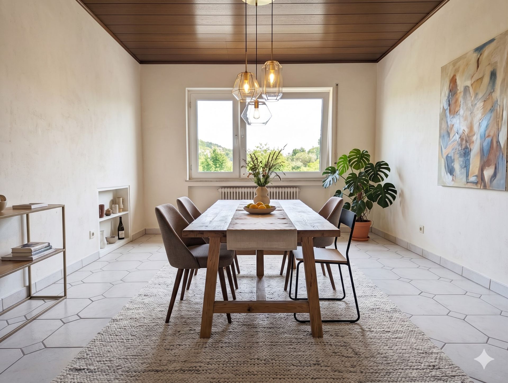 Esszimmer mit Holztisch, sechs Stühlen, Teppich, Pflanze und großem Fenster.