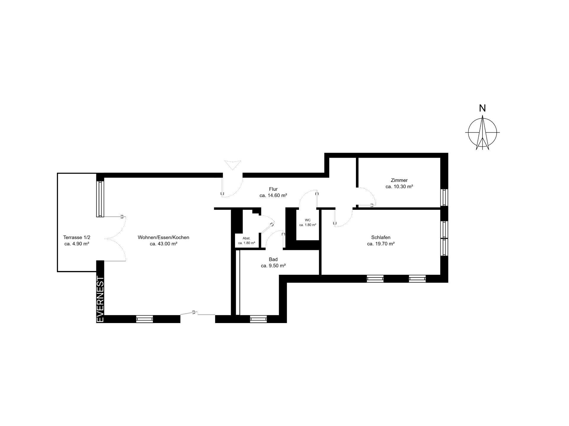 Grundriss einer Wohnung mit Terrasse, Wohnzimmer, Schlafzimmer, Bad und Flur.