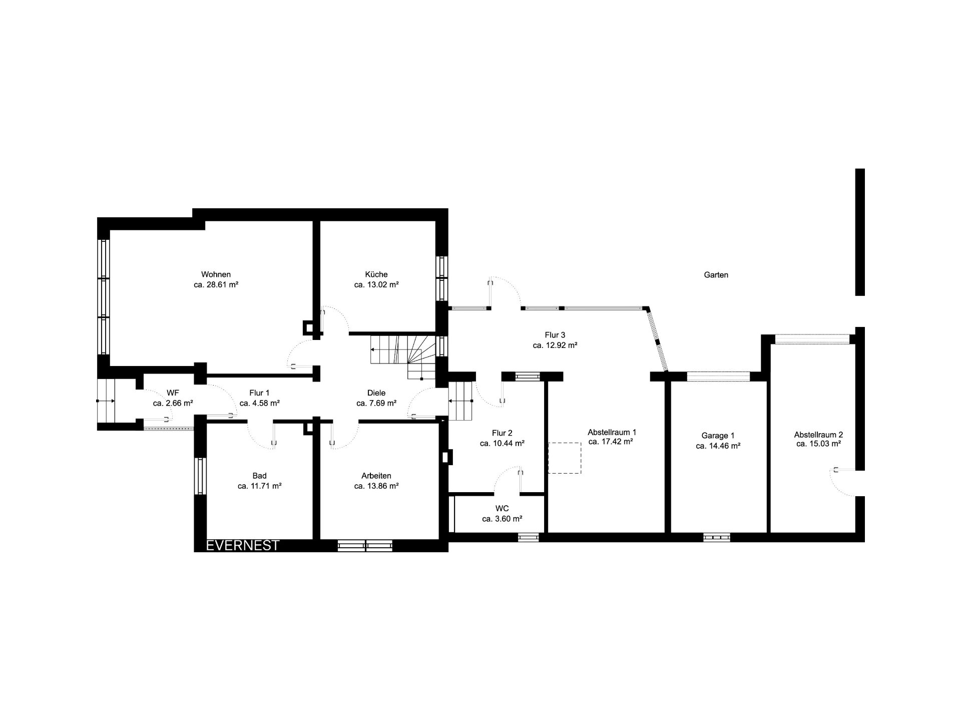Grundriss einer Wohnung mit Wohnzimmer, Küche, Bad, WC, Arbeitszimmer und Abstellräumen.