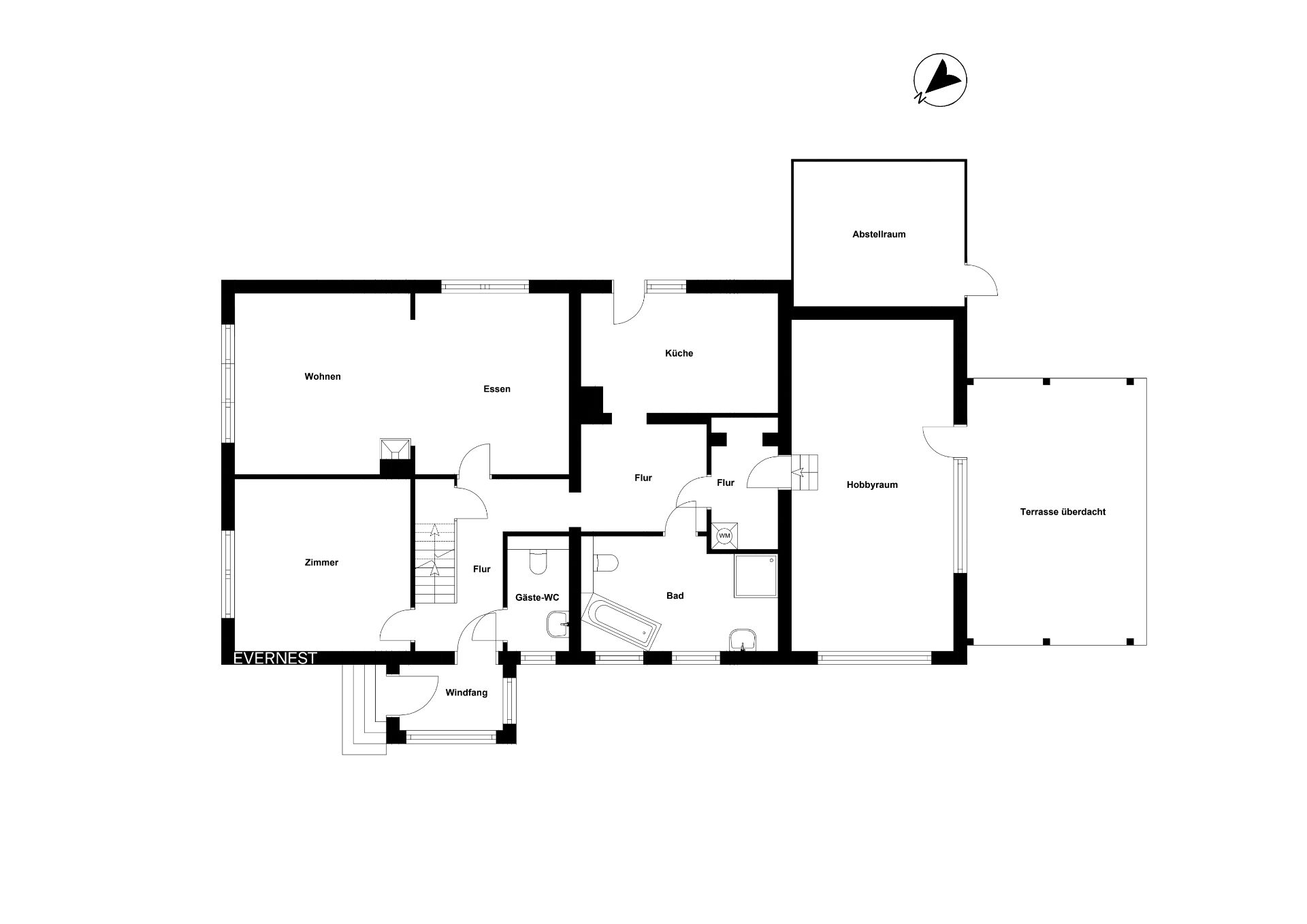 Grundriss eines Wohnhauses mit markierten Zimmern, Bad, Küche, Abstellraum, Hobbyraum und Terrasse.