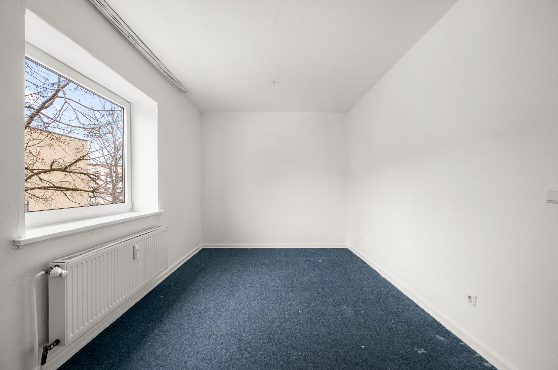 Leerer Raum mit weiß gestrichenen Wänden, blauem Teppichboden und großem Fenster.
