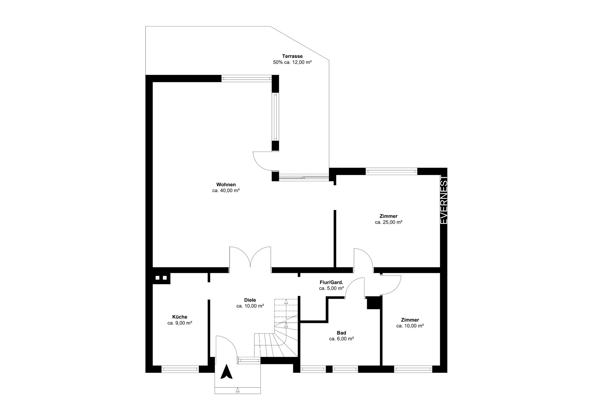 Grundriss einer Wohnung mit Wohnzimmer, Terrasse, Küche, Bad und drei Zimmern.