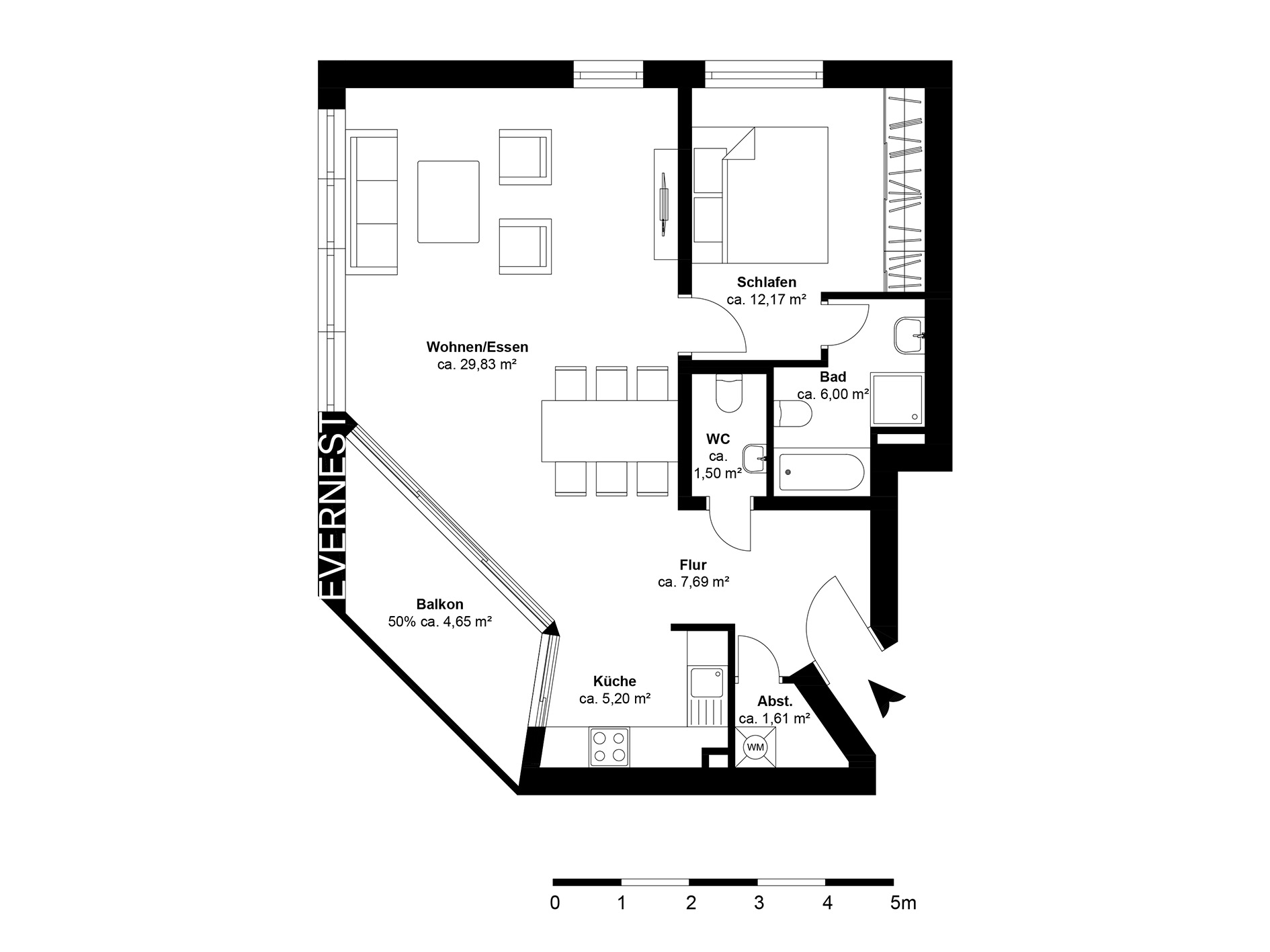 Grundriss einer Wohnung mit Wohnzimmer, Schlafzimmer, Bad, Küche, WC, Flur, Balkon und Abstellraum.