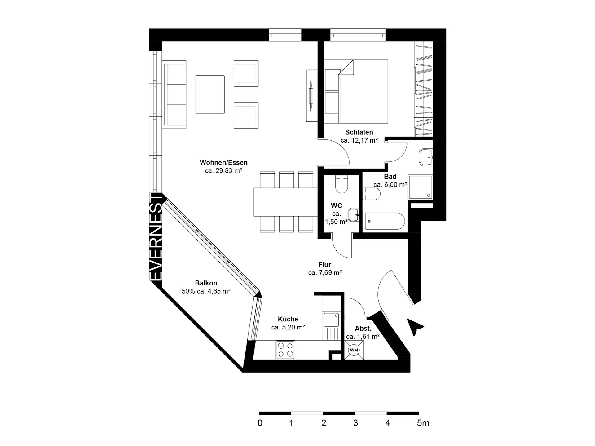 Grundriss einer Wohnung mit Wohnzimmer, Schlafzimmer, Bad, Küche, WC, Flur, Balkon und Abstellraum.