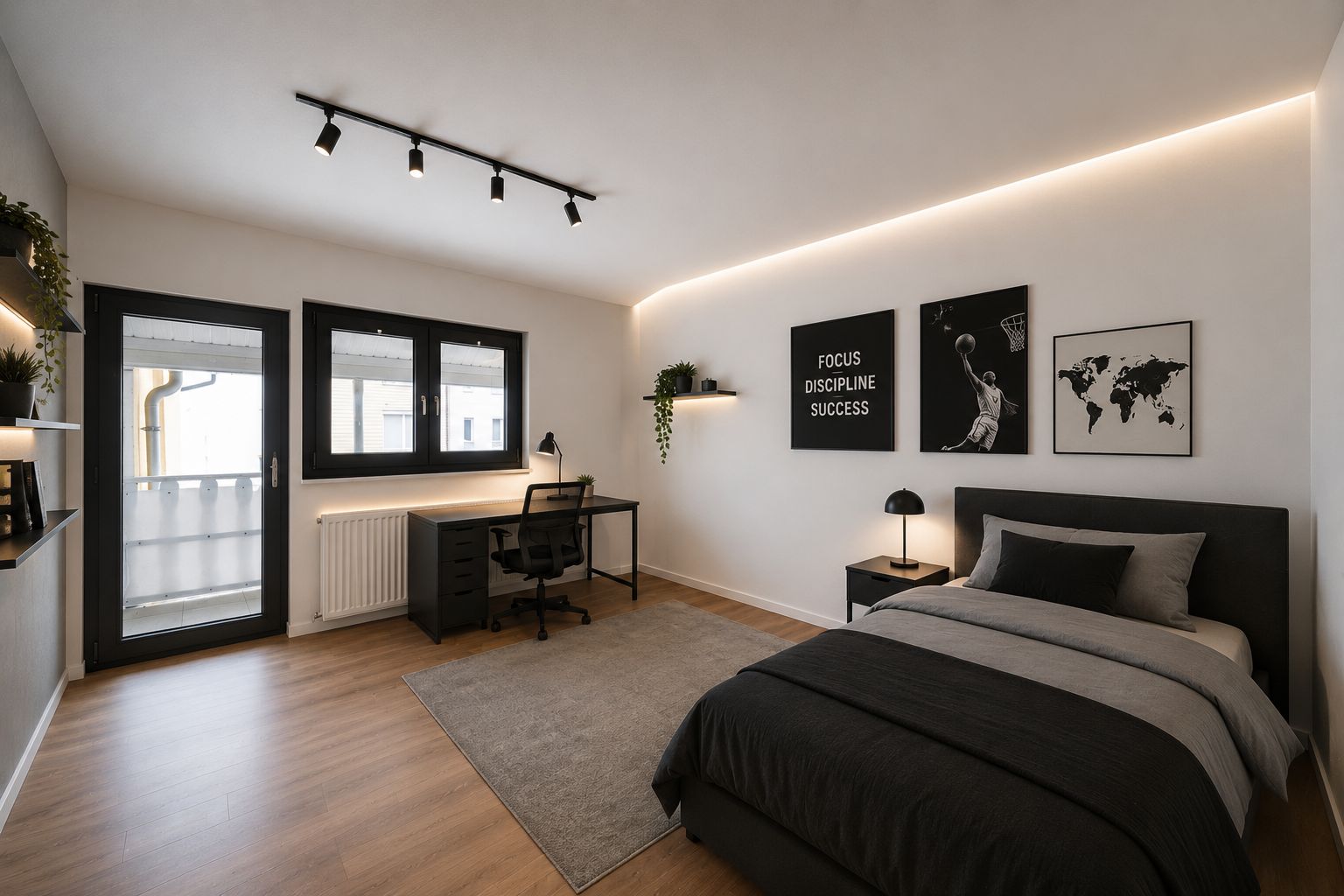 Modernes Schlafzimmer mit Schreibtisch, Bett und Wandbildern, hellem Boden und großen Fenstern.