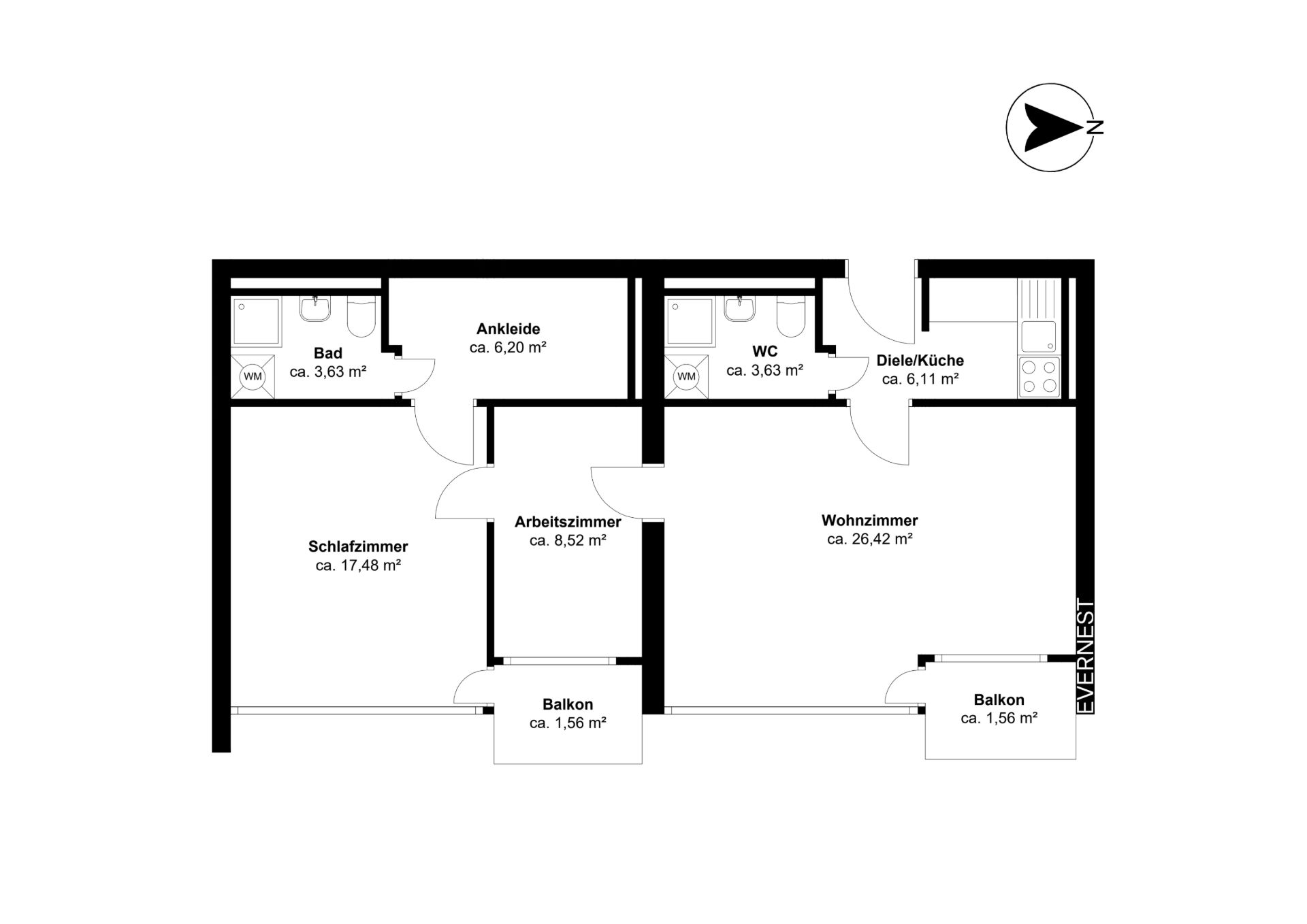 Grundriss einer Wohnung mit Schlafzimmer, Bad, Ankleide, Arbeitszimmer, Wohnzimmer, WC, Küche und zwei Balkonen.