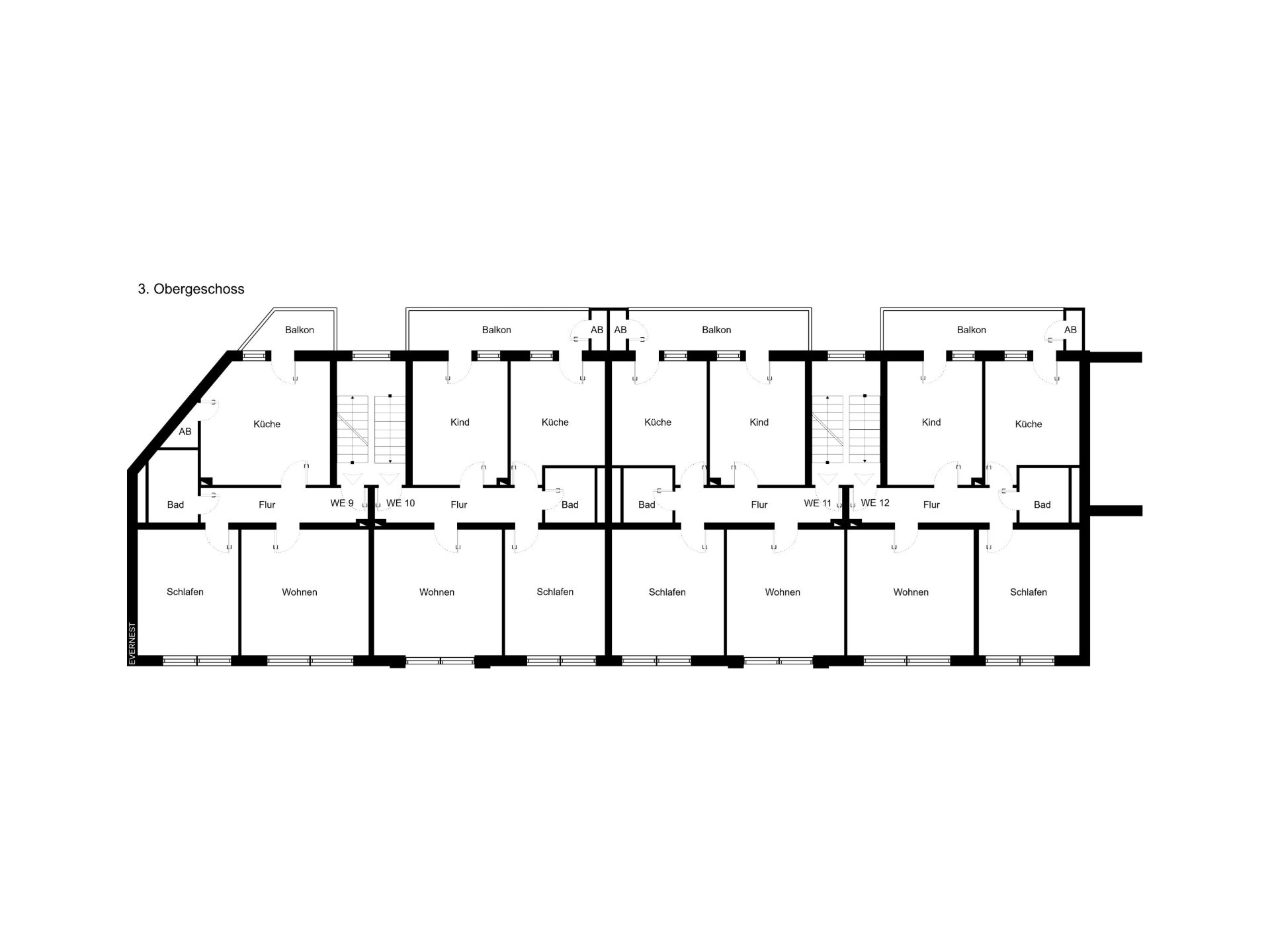 Grundriss einer Etage mit mehreren Wohnungen, jeweils mit Balkon, Küche, Bad, Schlafzimmer und Wohnzimmer.