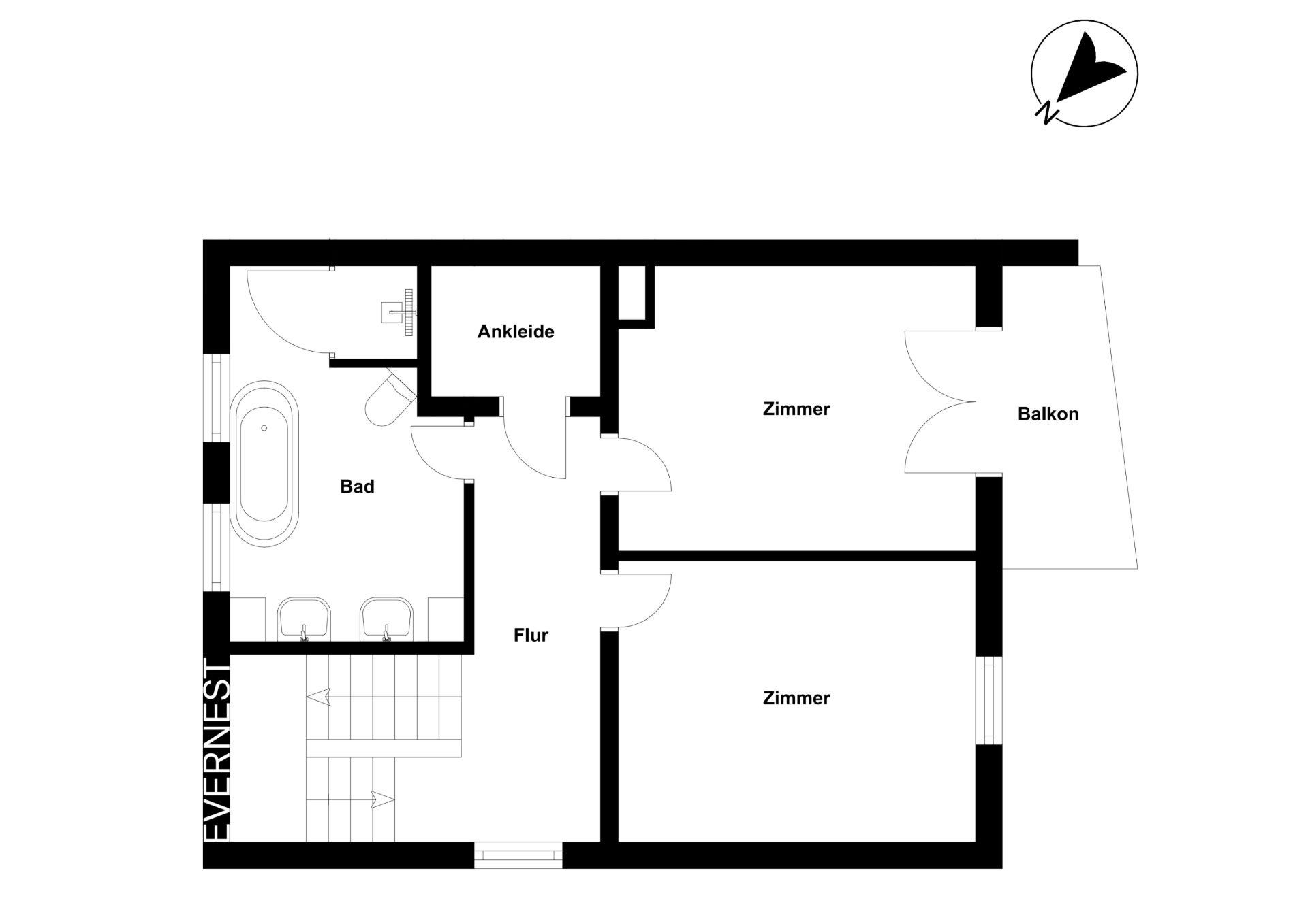 Grundriss mit zwei Zimmern, Bad, Ankleide, Flur und Balkon.
