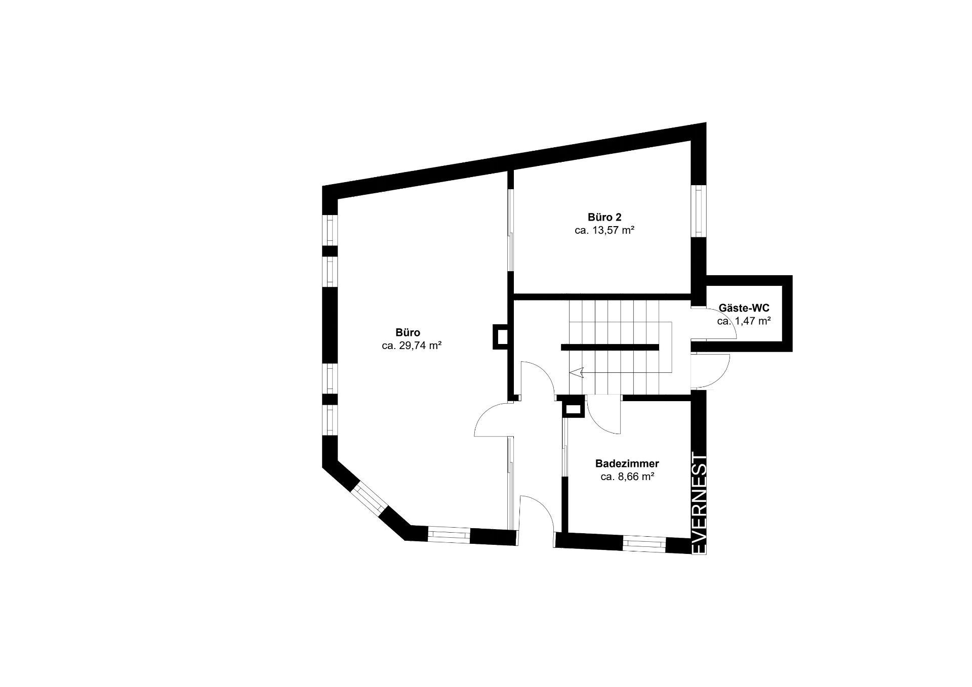 Grundriss mit zwei Büros, Badezimmer und Gäste-WC, sowie Flur und Treppenhaus.