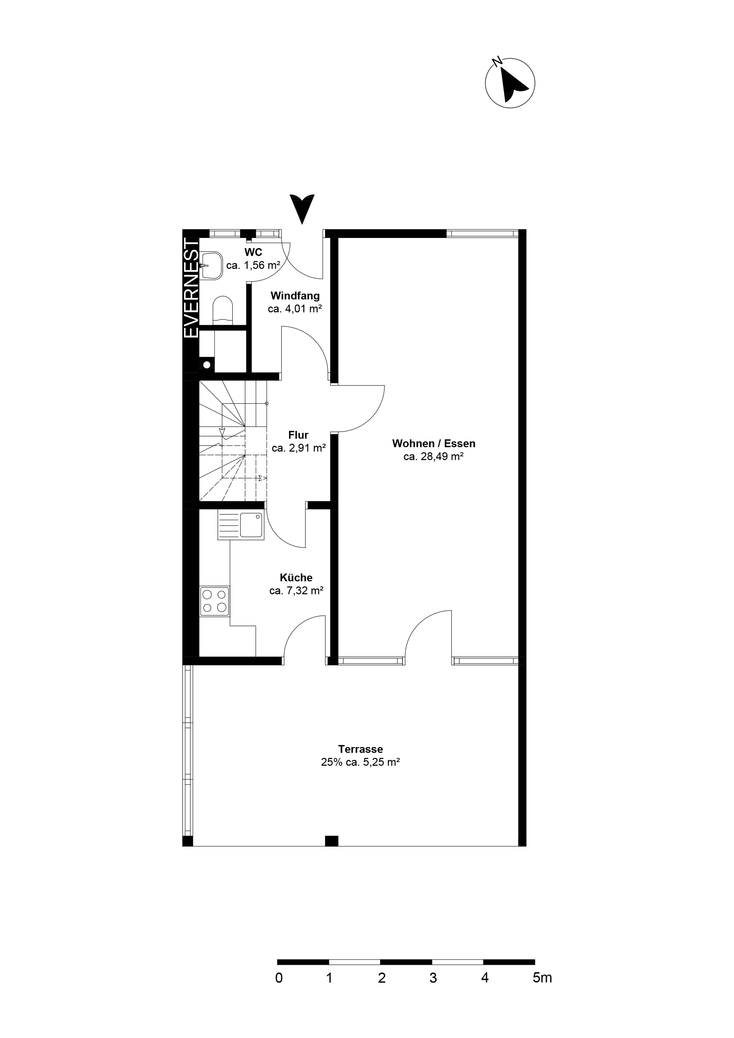 Grundriss einer Wohnung mit Küche, Bad, Flur, Wohn-/Esszimmer und Terrasse.