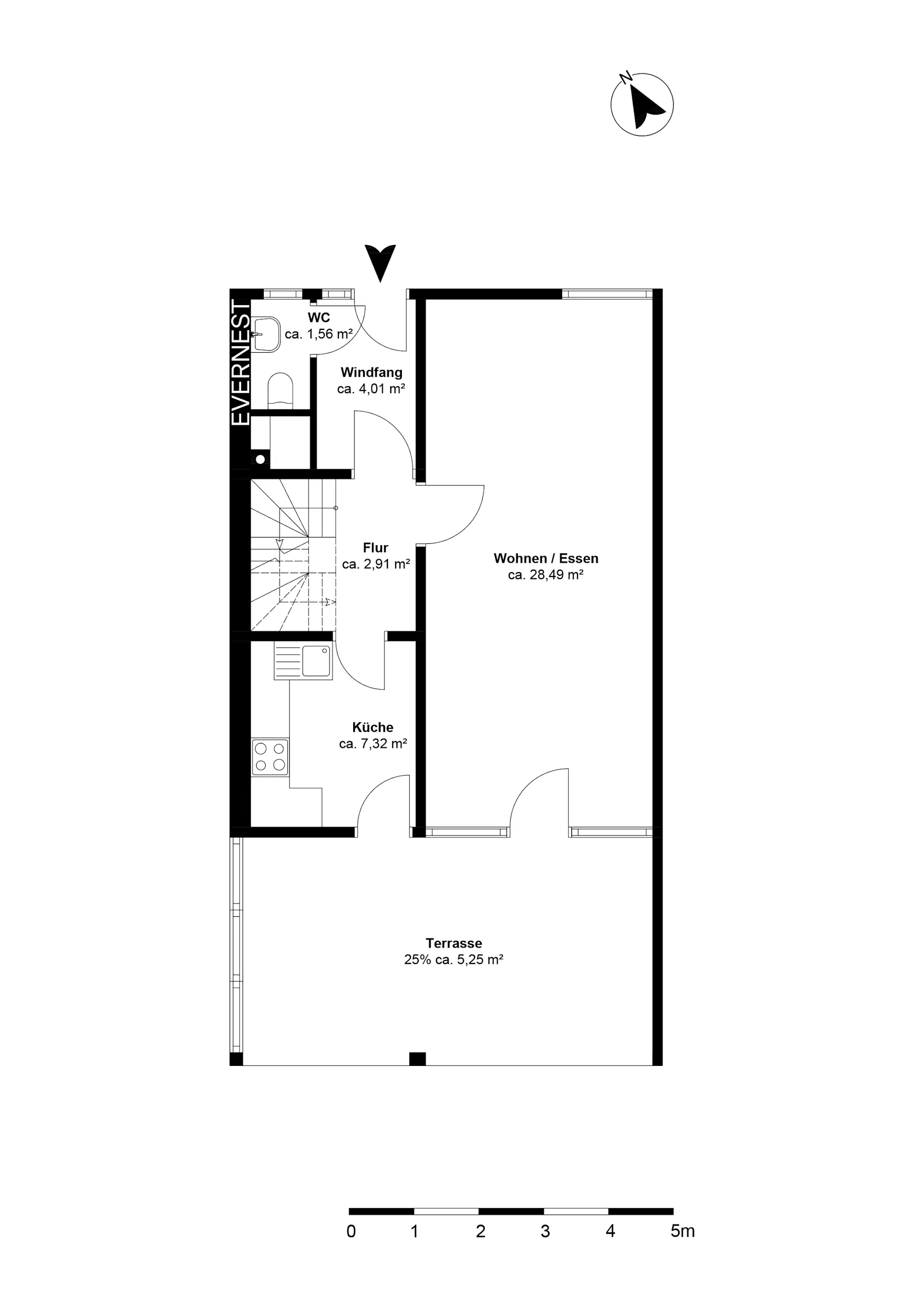 Grundriss einer Wohnung mit Küche, Bad, Flur, Wohn-/Esszimmer und Terrasse.