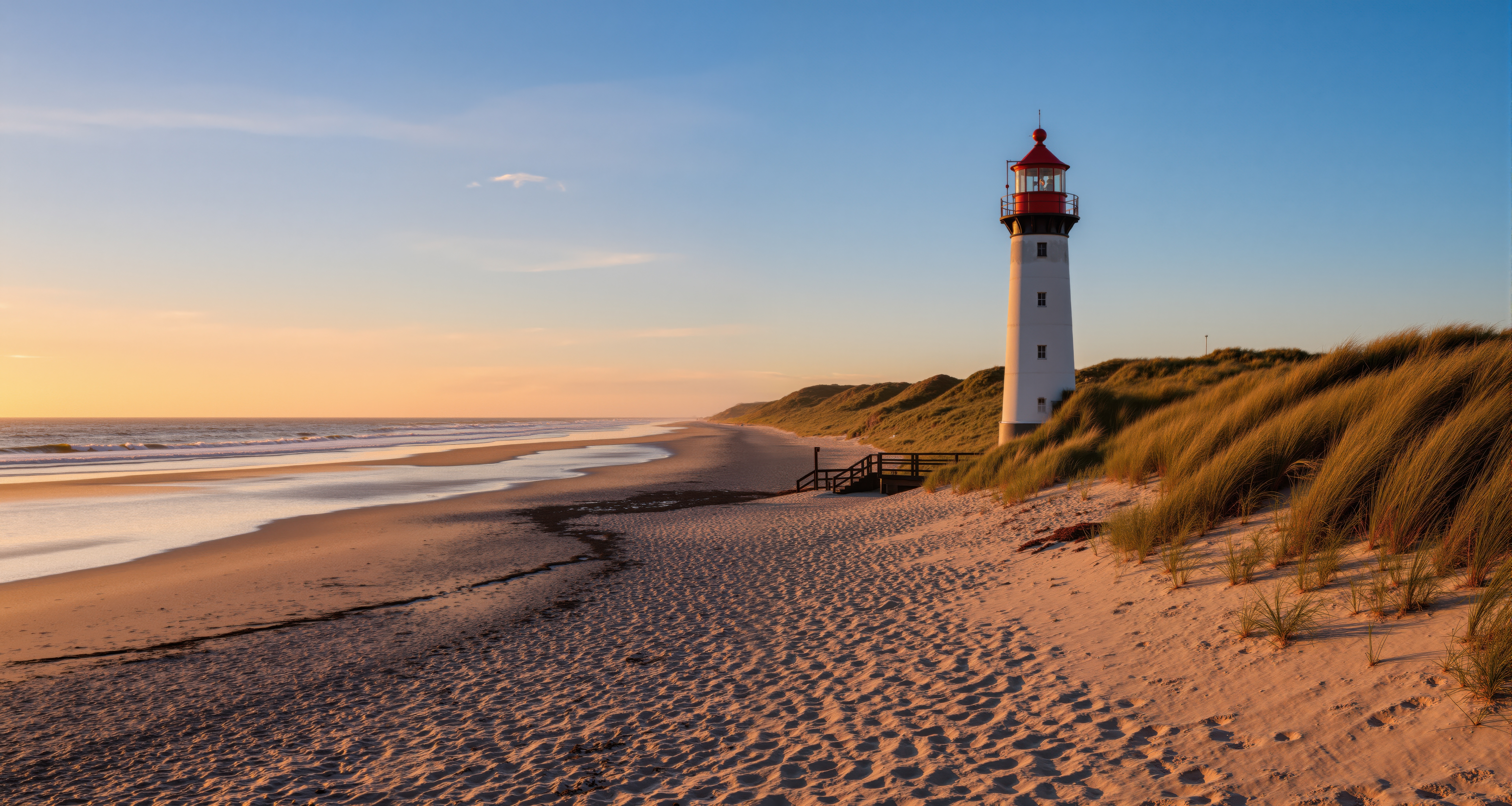 Leuchtturm am Sandstrand mit Dünen bei Sonnenuntergang.