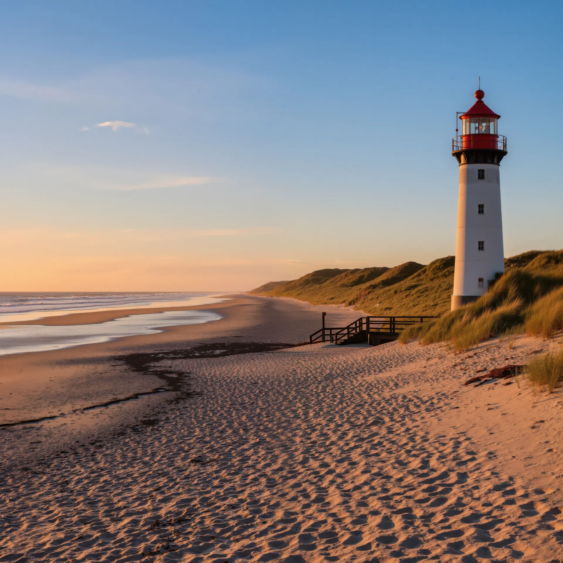 Leuchtturm am Sandstrand mit Dünen bei Sonnenuntergang.