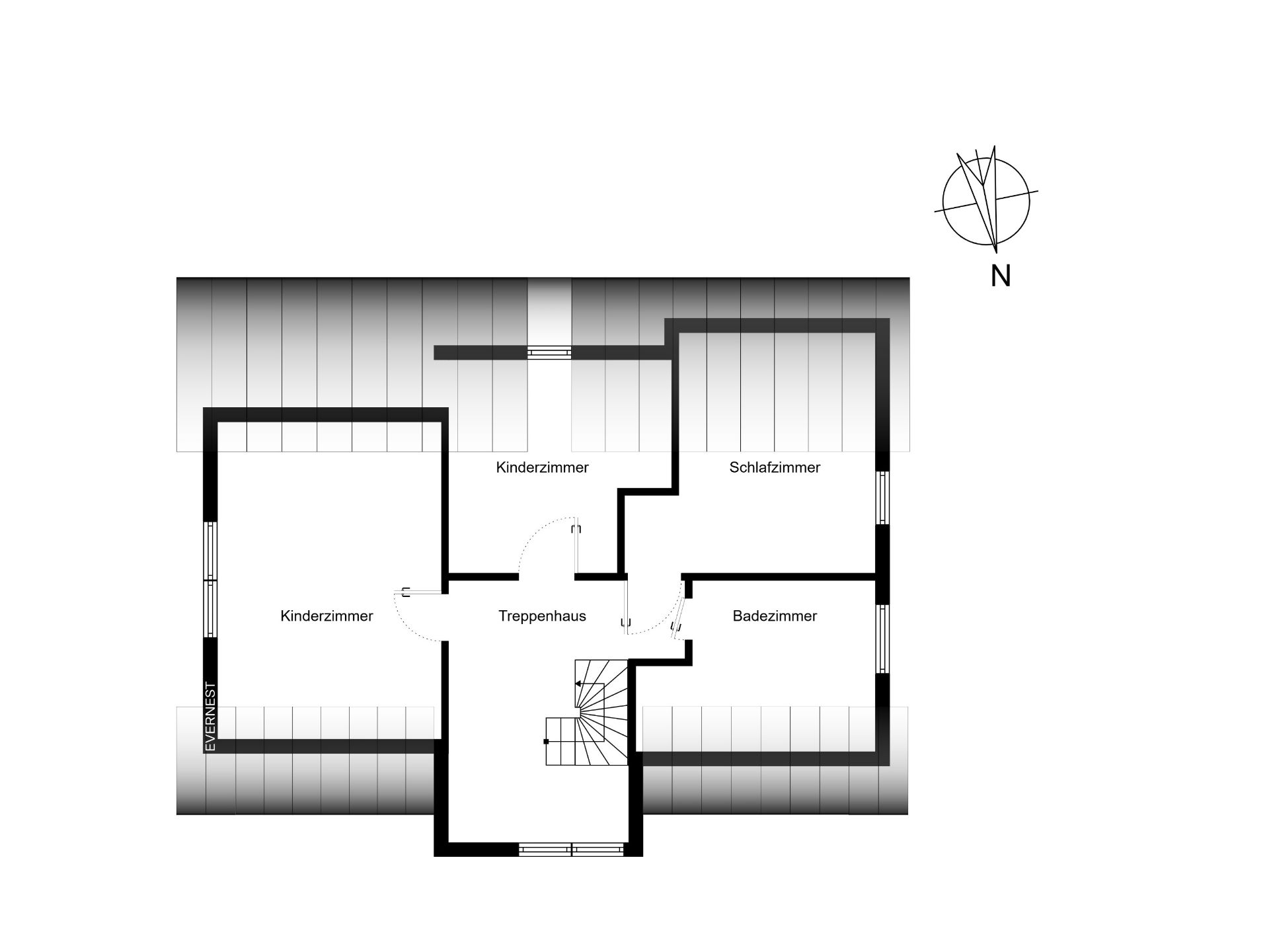 Grundriss mit zwei Kinderzimmern, einem Schlafzimmer, einem Badezimmer und einem Treppenhaus.
