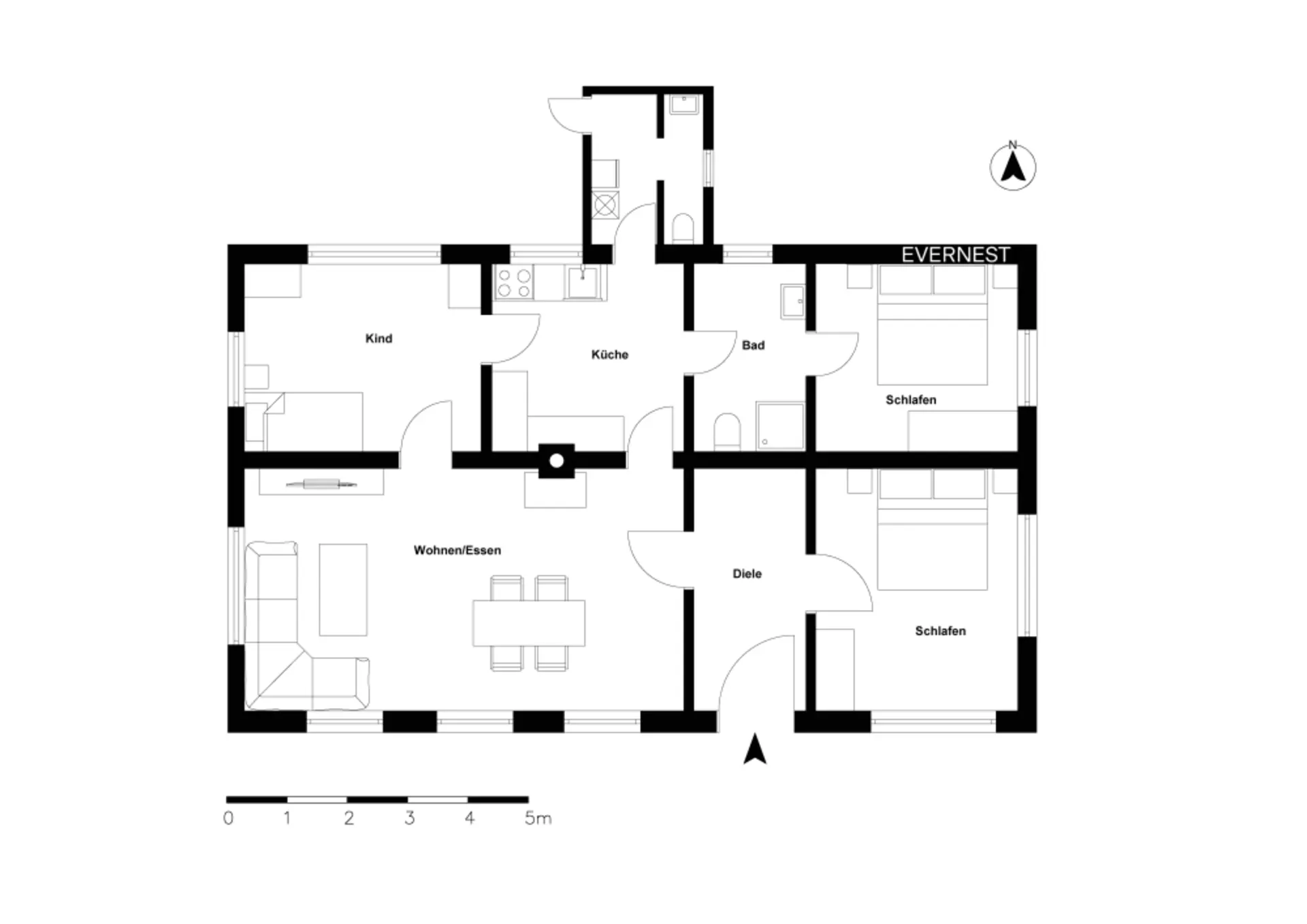 Grundriss einer Wohnung mit Wohnzimmer, Küche, Bad, zwei Schlafzimmern und Kinderzimmer.