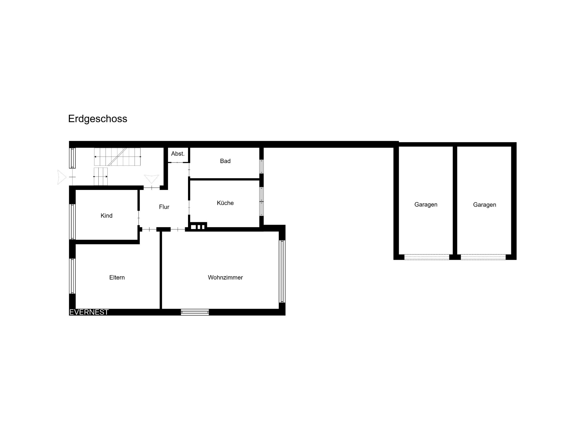 Grundriss des Erdgeschosses mit Wohnzimmer, Küche, Bad, zwei Schlafzimmern und zwei Garagen.